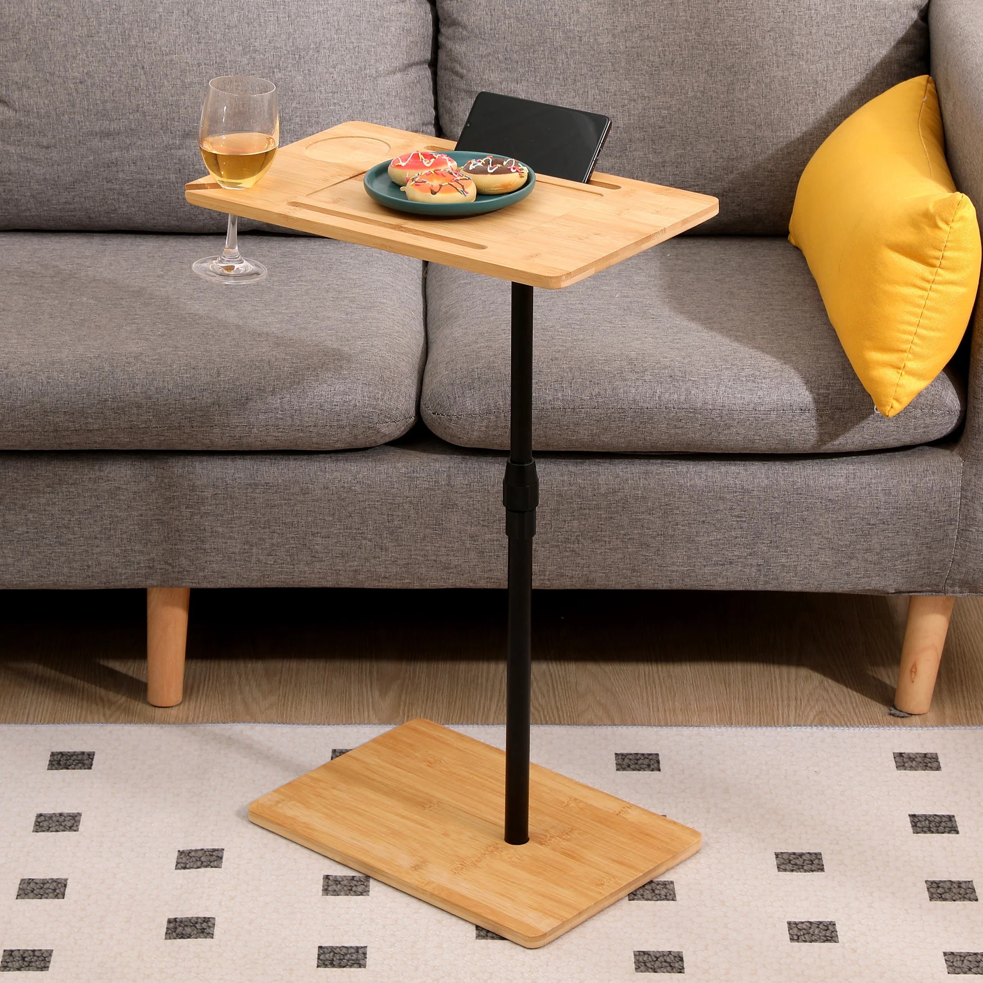 Mesa auxiliar de bambú, mesa con forma de C ajustable en altura con ranuras, mesa lateral de 2 niveles para sofá para sala de estar y dormitorio (rectángulo + rectángulo) W1757P17966463947395145091120