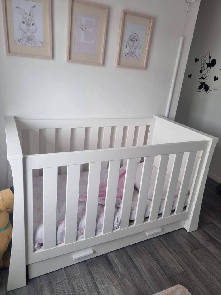 White Wooden Sleigh Baby Crib with Storage - Like New