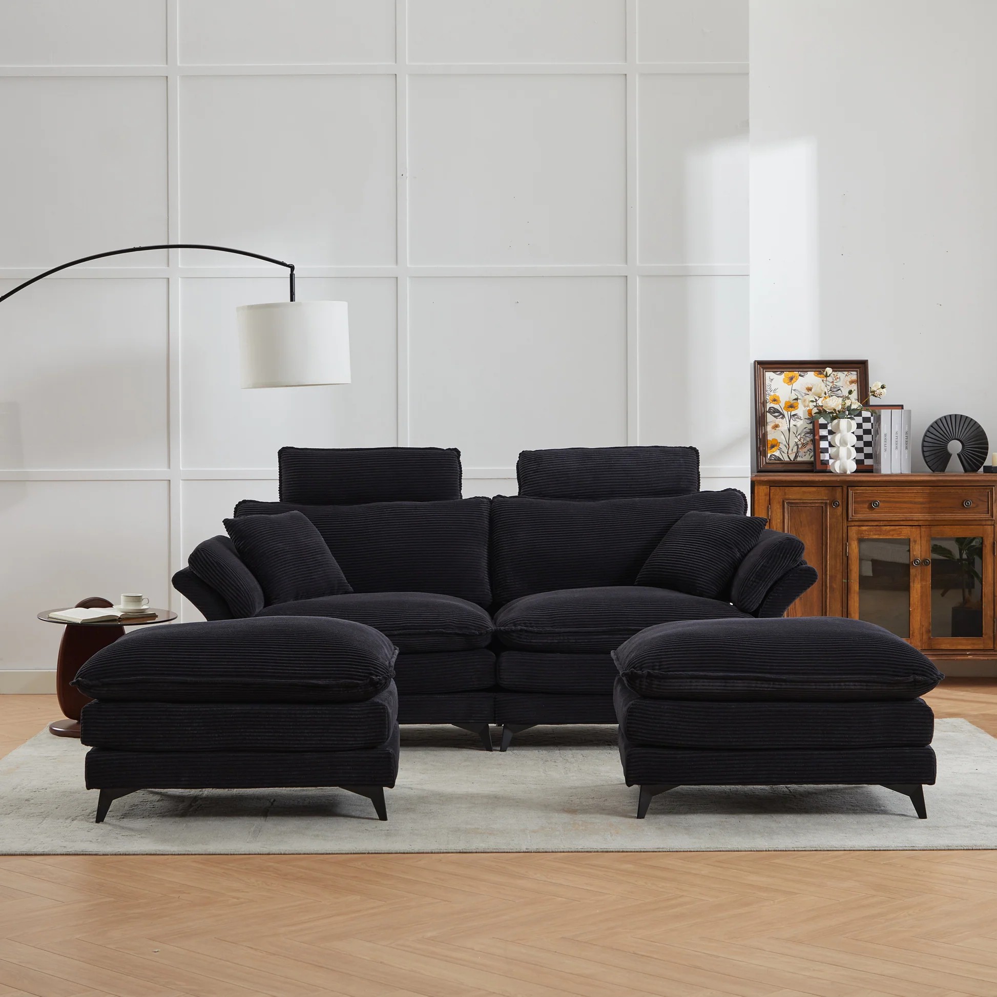 [VIDEO/New] Deep Seat Sectional Sofa, Comfortable Cloud Sofa with Ottomans, loveseat Sofa, 85.8''Modern Corduroy Upholstered Sectional Sofa for Living Room, Apartment, Studio, Office (Black). W2120S0063887490727681121