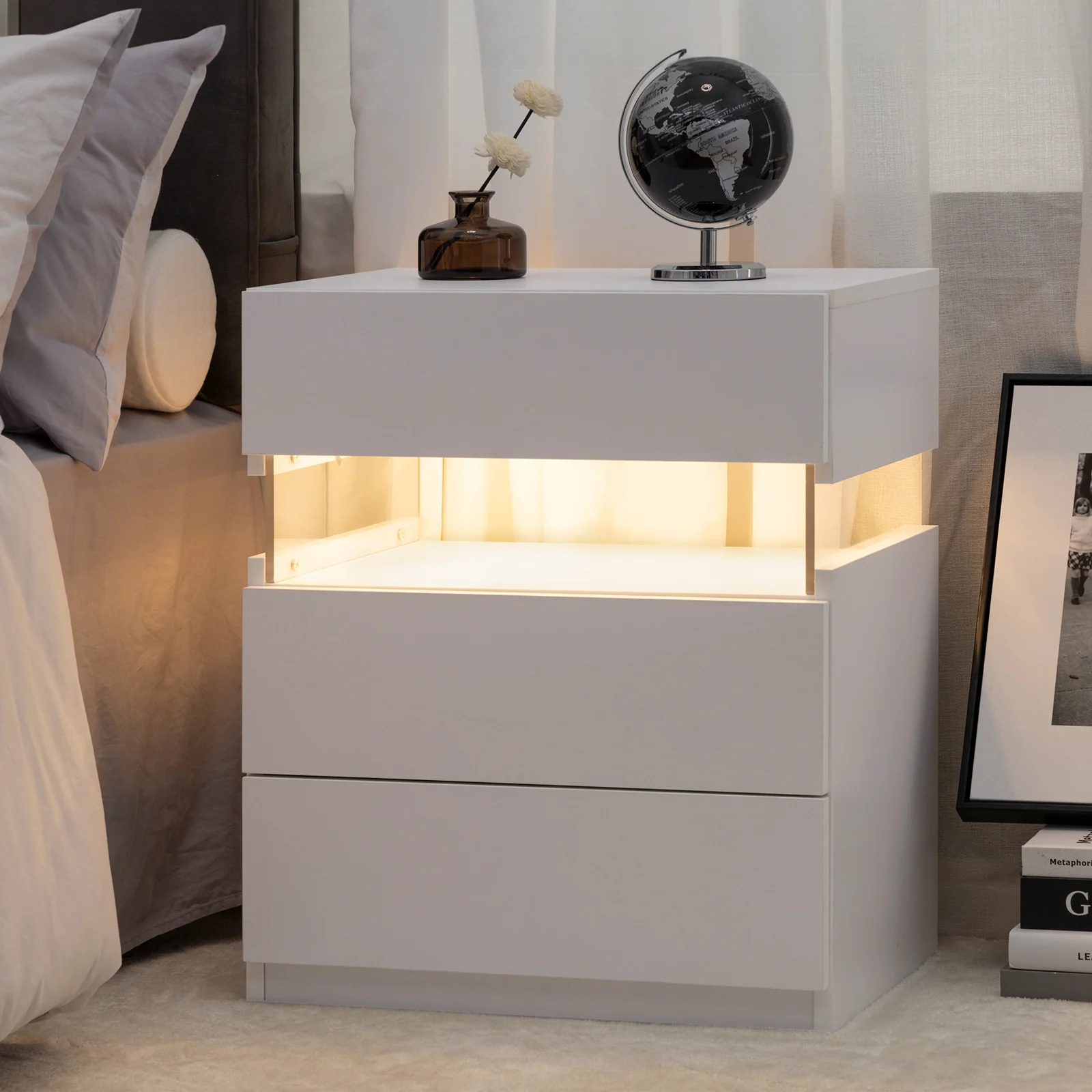 Mesitas de noche LED con 3 cajones, cómoda para dormitorio, mesa auxiliar con panel acrílico, mesas de noche LED para dormitorio, sala de estar, muebles de noche (blanco) W217813209263999190052610121