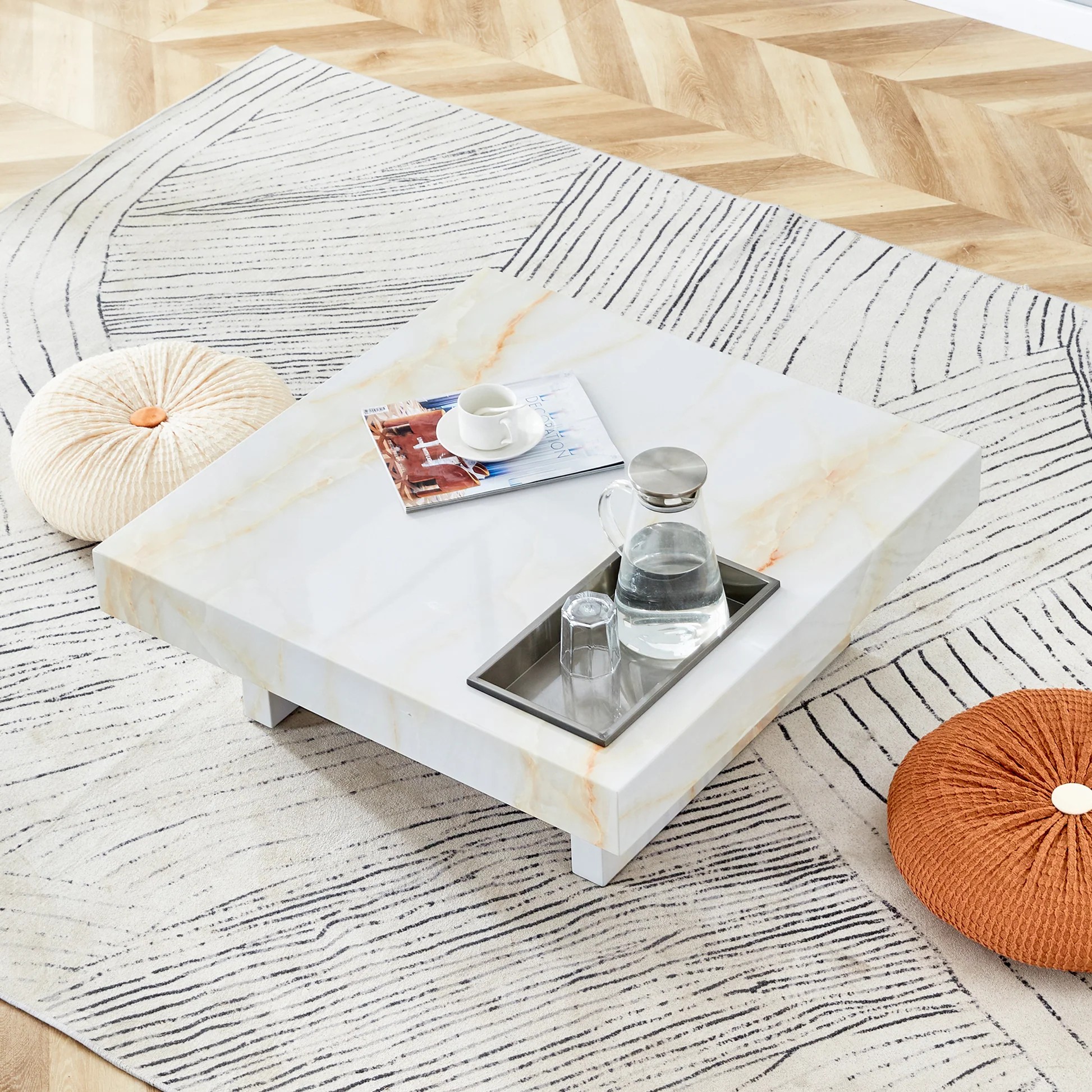 A modern and practical coffee table with imitation marble patterns, made of MDF material. The fusion of elegance and natural fashion 31.4'* 31.4'* 12 ' W115111988163932122245250120