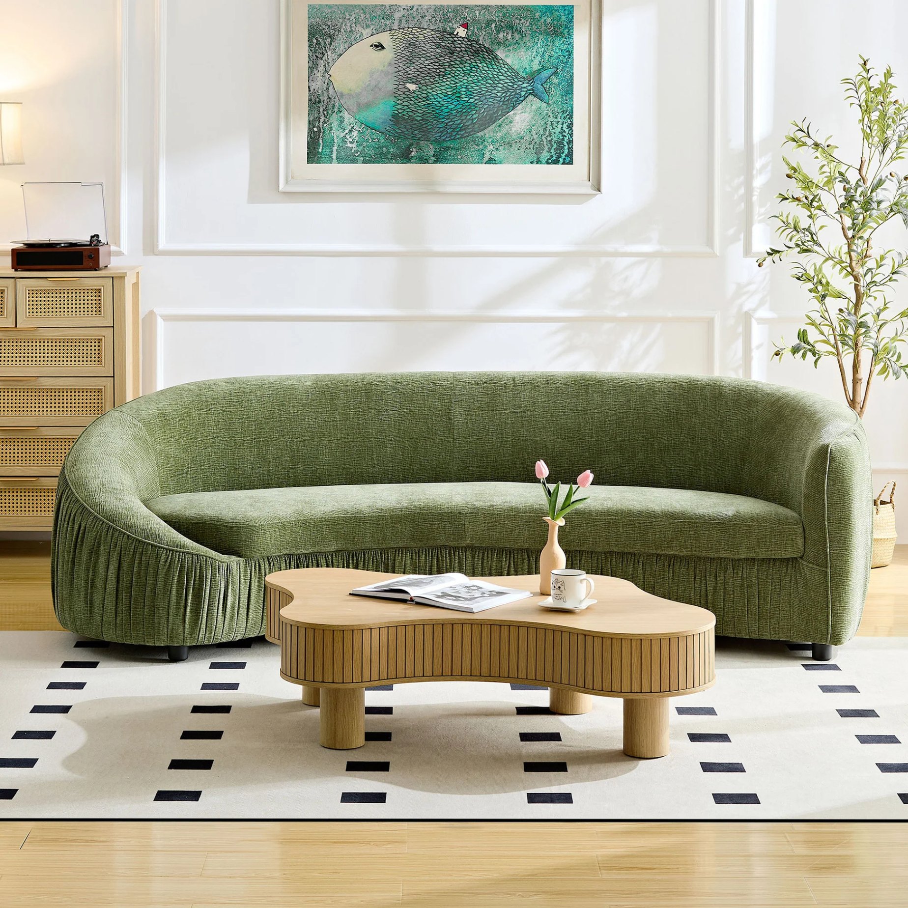 Sofá moderno curvo de 92,13 pulgadas para sala de estar, sofá tapizado en tela de 4 plazas sin necesidad de montaje para apartamento, verde W2582P23148863887519357955120