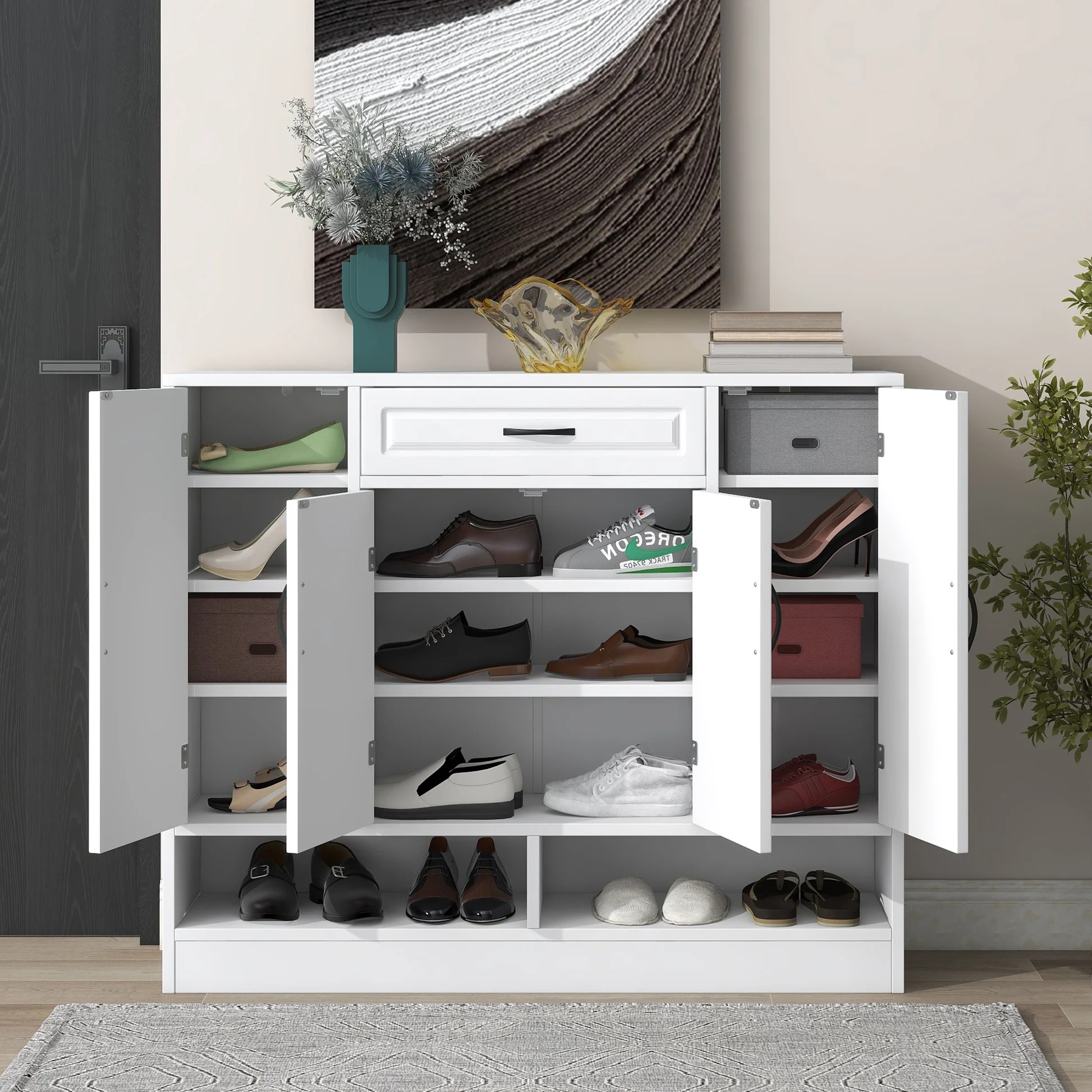Armario de zapatos moderno y elegante a la moda con estantes ajustables, organizador de almacenamiento de zapatos minimalista con superficie superior resistente, tablero lateral de diseño ahorrador de espacio para artículos de varios tamaños, blanco WF304415AAK63980525763330121