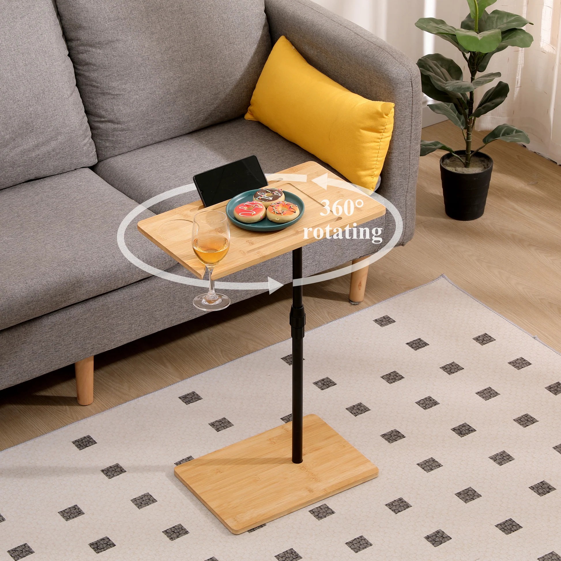Bamboo Couch Tray Table Height Adjustable C-Shaped End Table with Slots 2 Tier Sofa Side Table for Living Room & Bedroom (Rectangle + Rectangle) W1757P17966463947395145091121