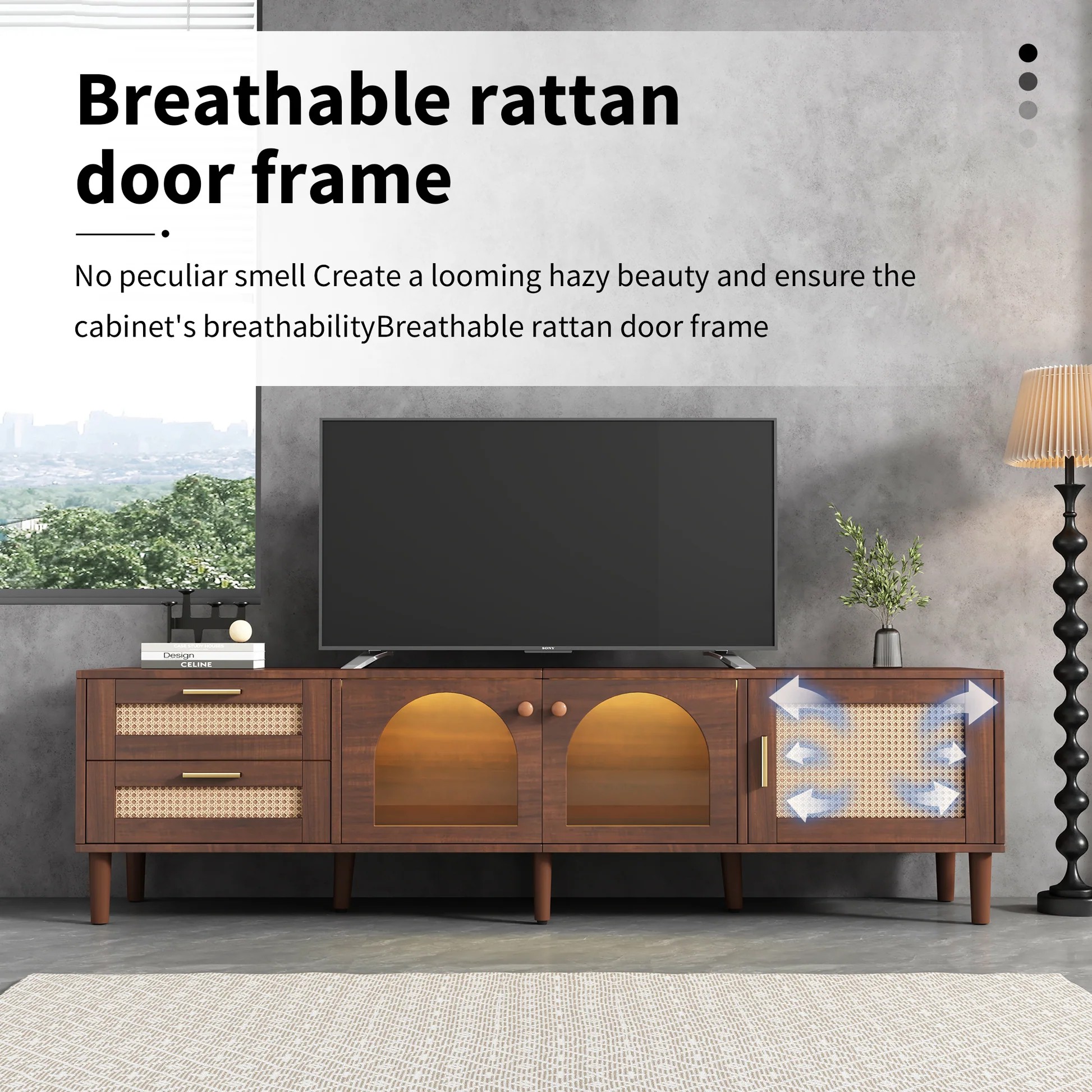 Soporte de mimbre para TV con 3 armarios y 2 cajones, mesa de consola inspirada en mimbre para televisores de hasta 80'', centro de entretenimiento con luz LED, mueble para TV para sala de estar, dormitorio, cine en casa WF324225AAP63956772833410122
