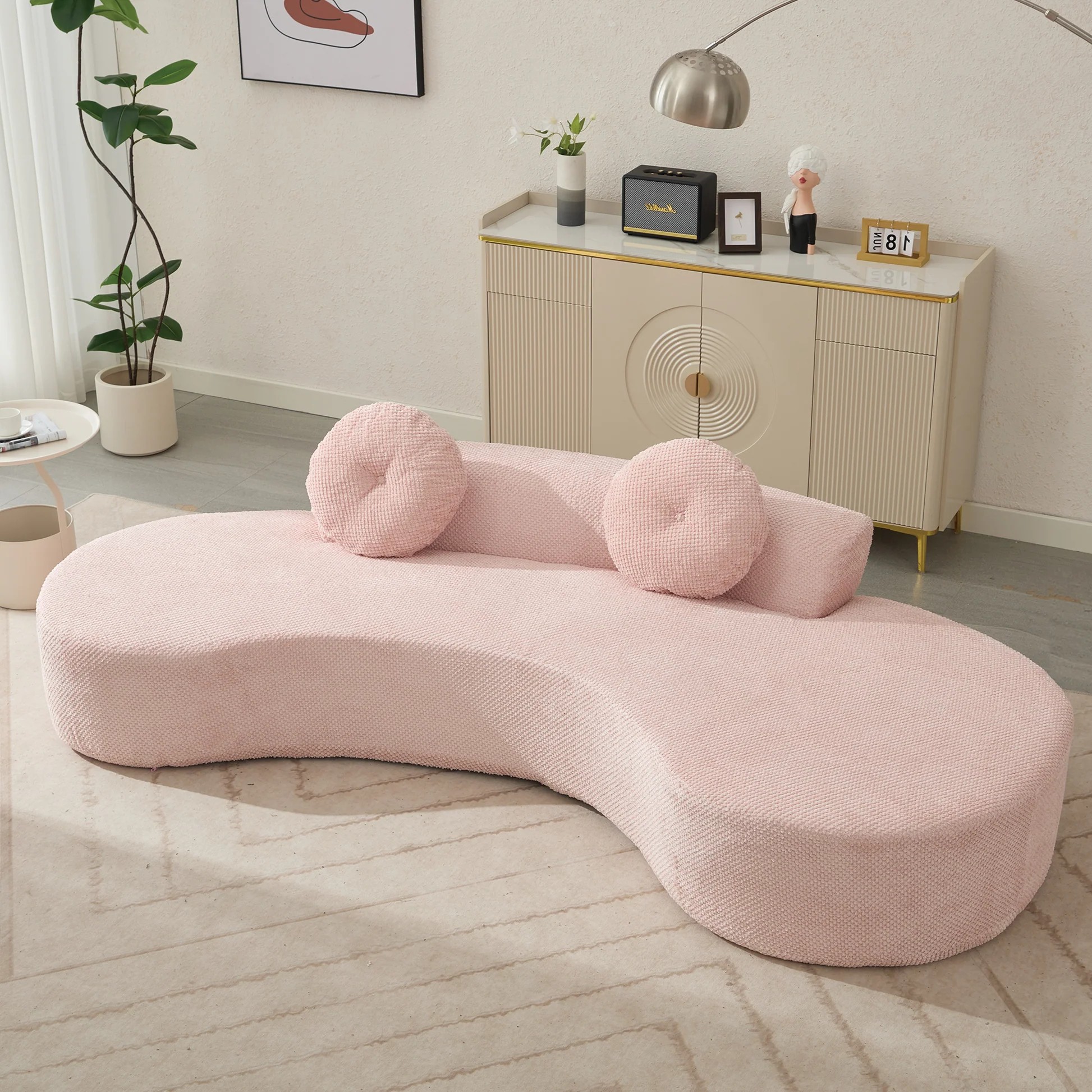 [NEW ARRIVED] [VIDEO PROVIDED]105.5''Curved Sofa, Modern Minimalist Sofa, Cloud Couch Sofa 3-4 Seater Couch with 2 Pillows,Bedroom, No Assembly Required, Point-shaped corduroy,(Anti-Wrinkle) ,Pink W2163902026250627120