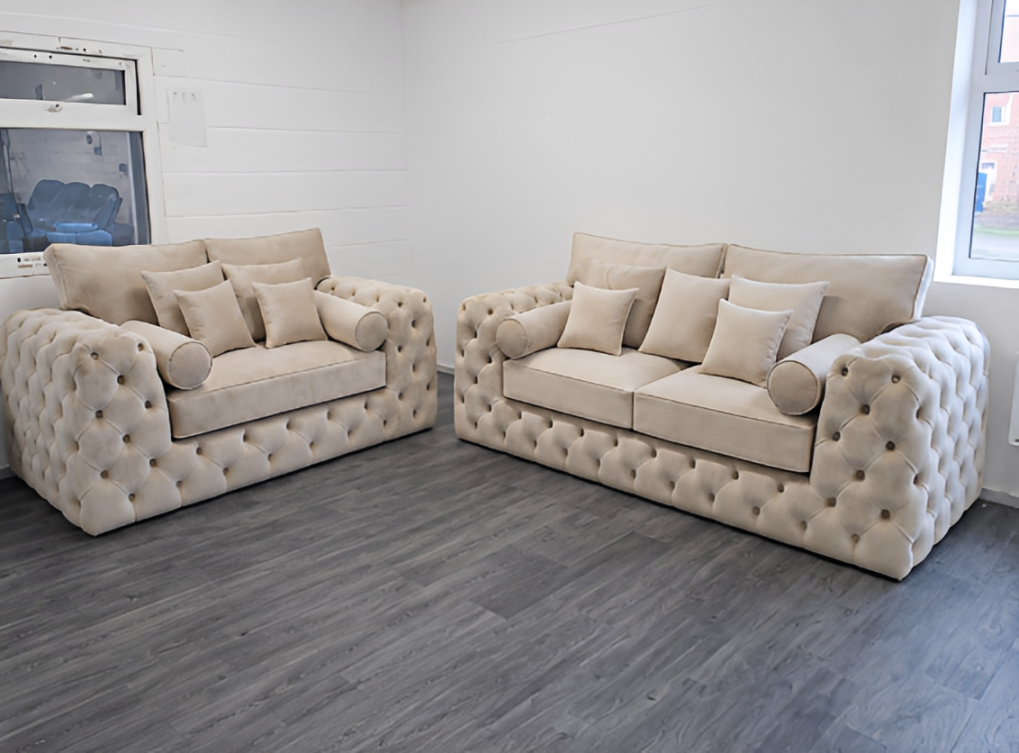 Beige Velvet Chesterfield Sofa Set for Sale