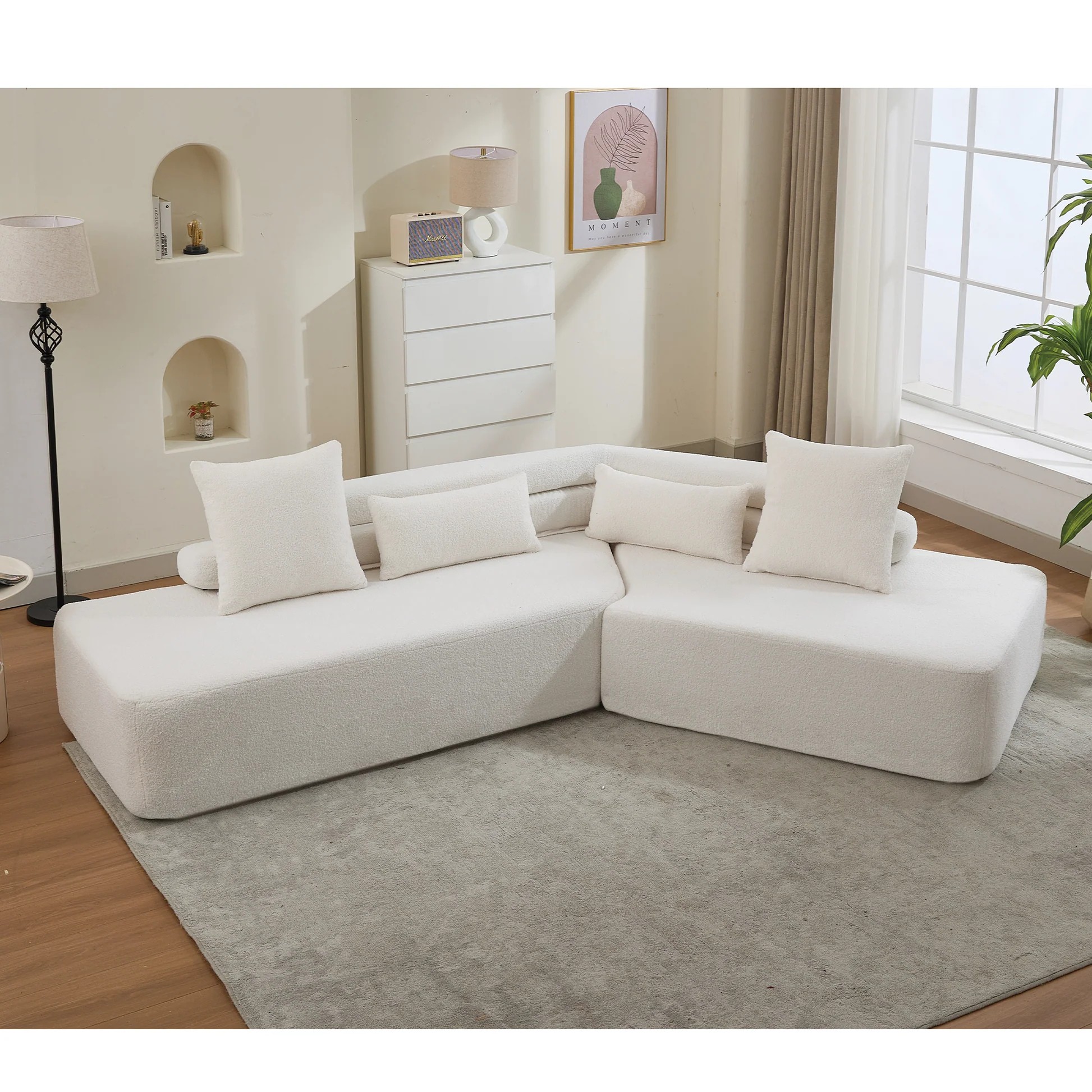 [NEW ARRIVED] [VIDEO PROVIDED] 128'Minimalist Cloud Sectional Couch ,Modern Couches ,4-Seater ,No Assembly,Two modular sofa,Boucle Teddy Fabric, upholstered , anti-wrinkle fabric, Beige W2108S0009563886789688323120