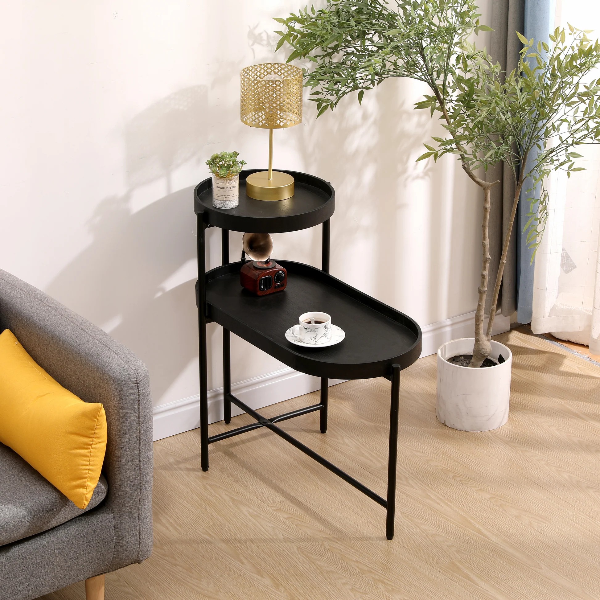 2-Tier Black Side Table with Storage Sofa Table for Living Room Metal Frame & Wooden Desk End Table W175710475263947579291779122