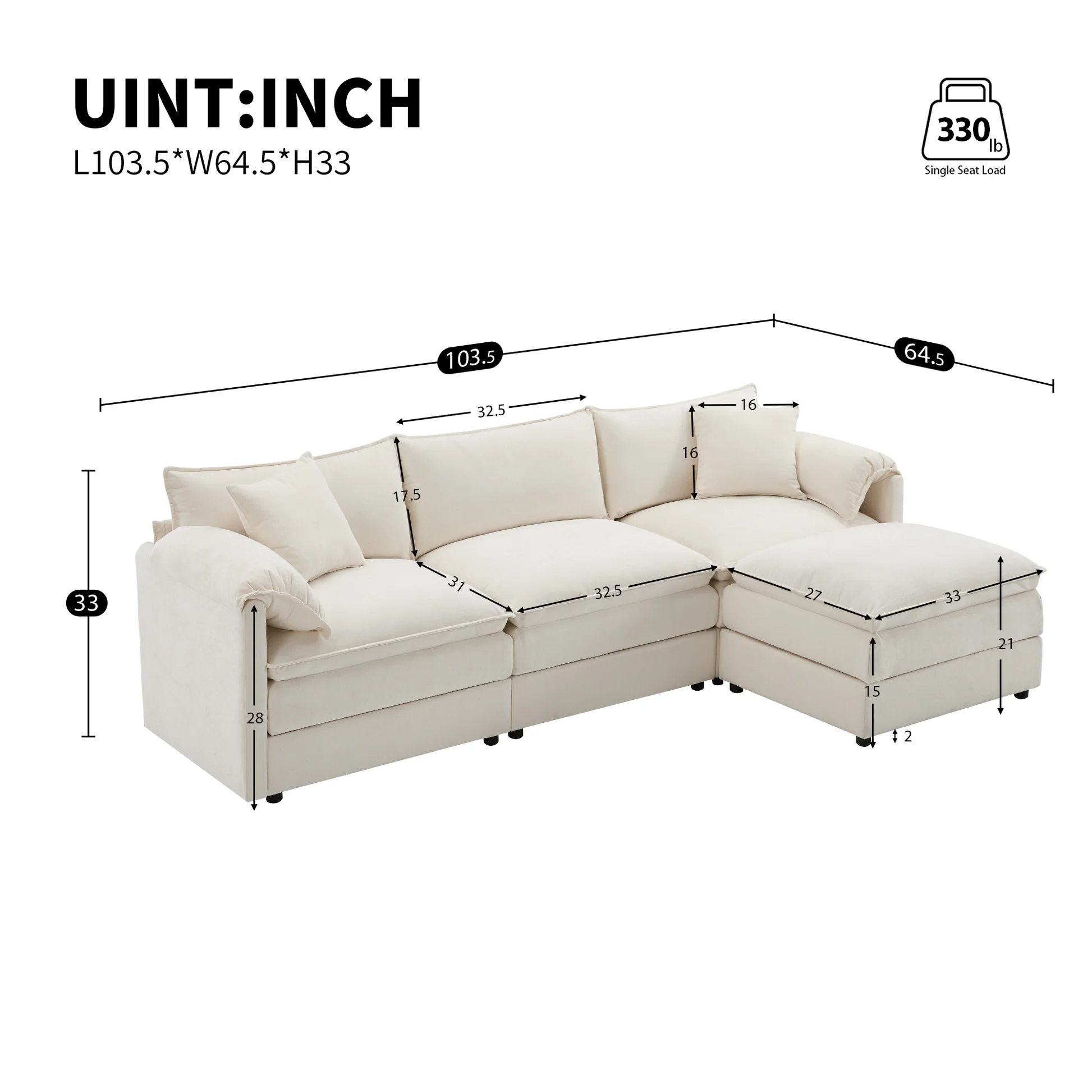 [VIDEO]Sofá modular Chenille de 103,5", conjunto de sofá en forma de nube con cojines dobles, sofá de 4 plazas con otomana móvil, muebles grandes para interiores para sala de estar, 3 colores63888837858305121