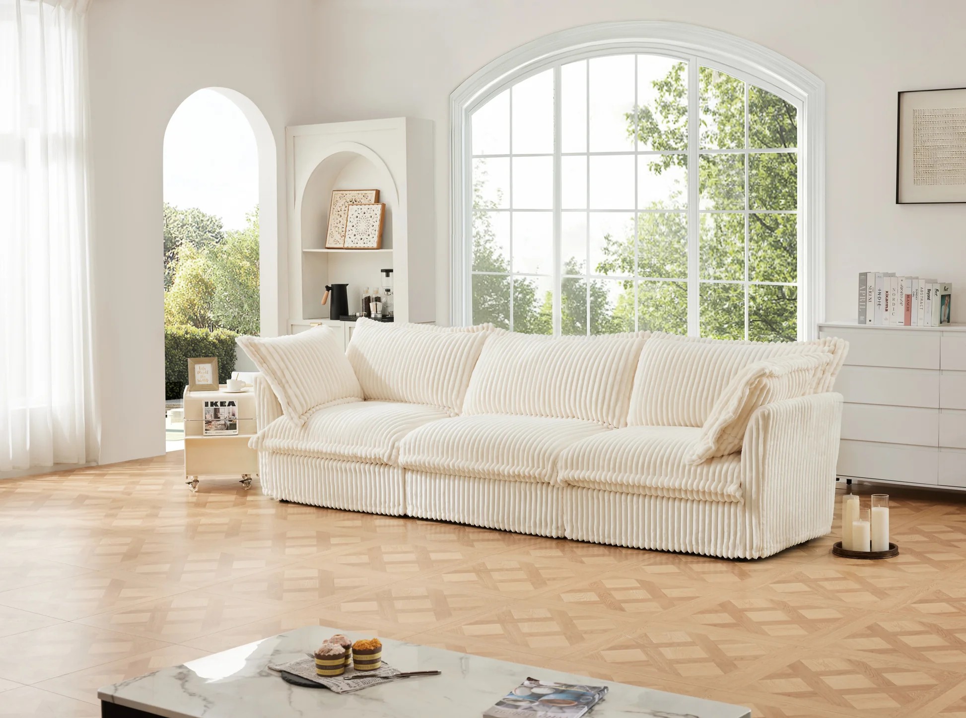 Sofá con funda extraíble, sofá moderno de 3 plazas con reposabrazos suaves, sofá de asiento profundo con múltiples cojines grandes suaves, cómodo sofá para sala de estar, apartamento, tela color crema de raso W3041S0002063889101307009121