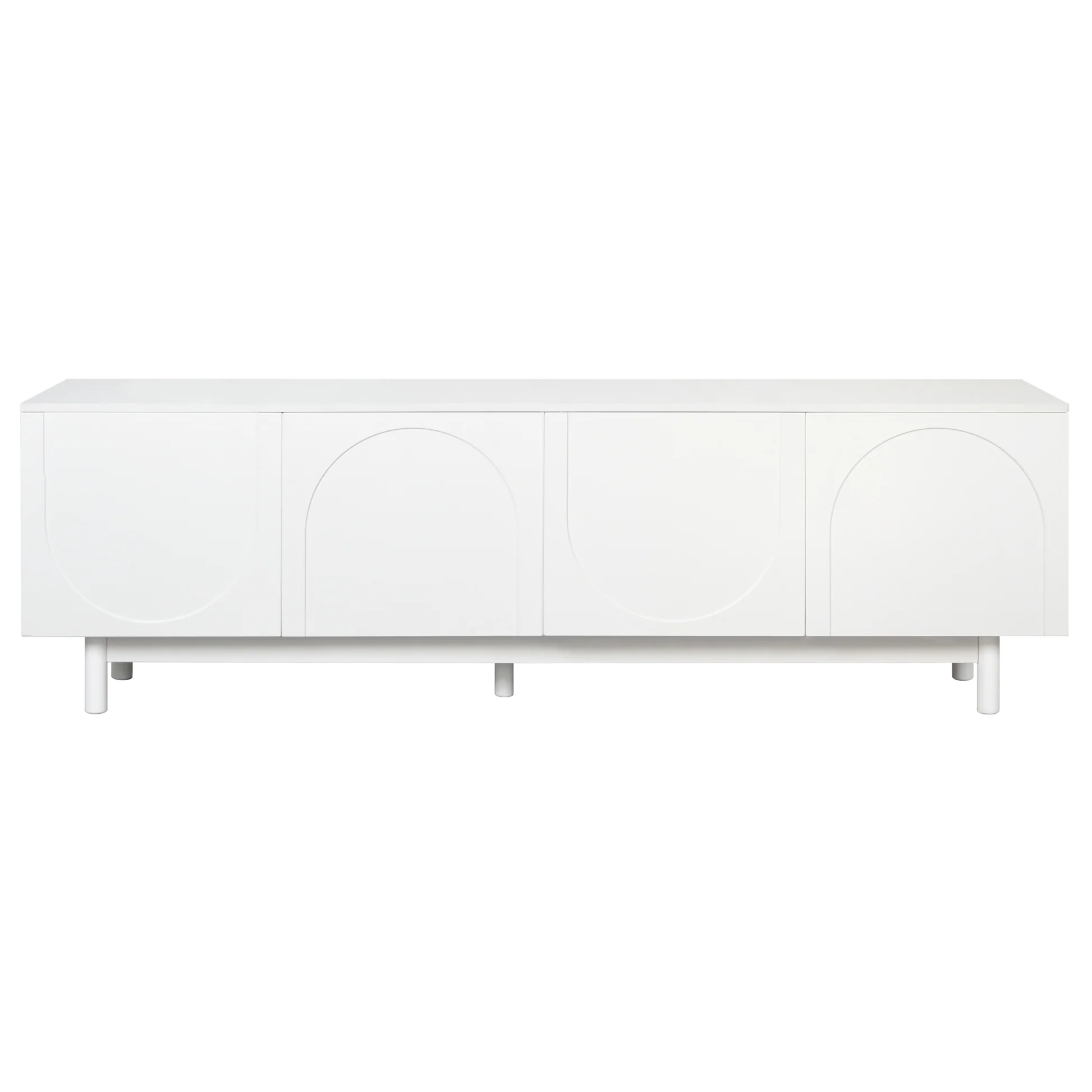 Soporte elegante para TV a la moda con gabinetes de arco para televisores de hasta 78'', centro de entretenimiento minimalista con patas de madera maciza, consola de medios práctica con estantes ajustables para sala de estar, blanco WF325999A63956806682370122