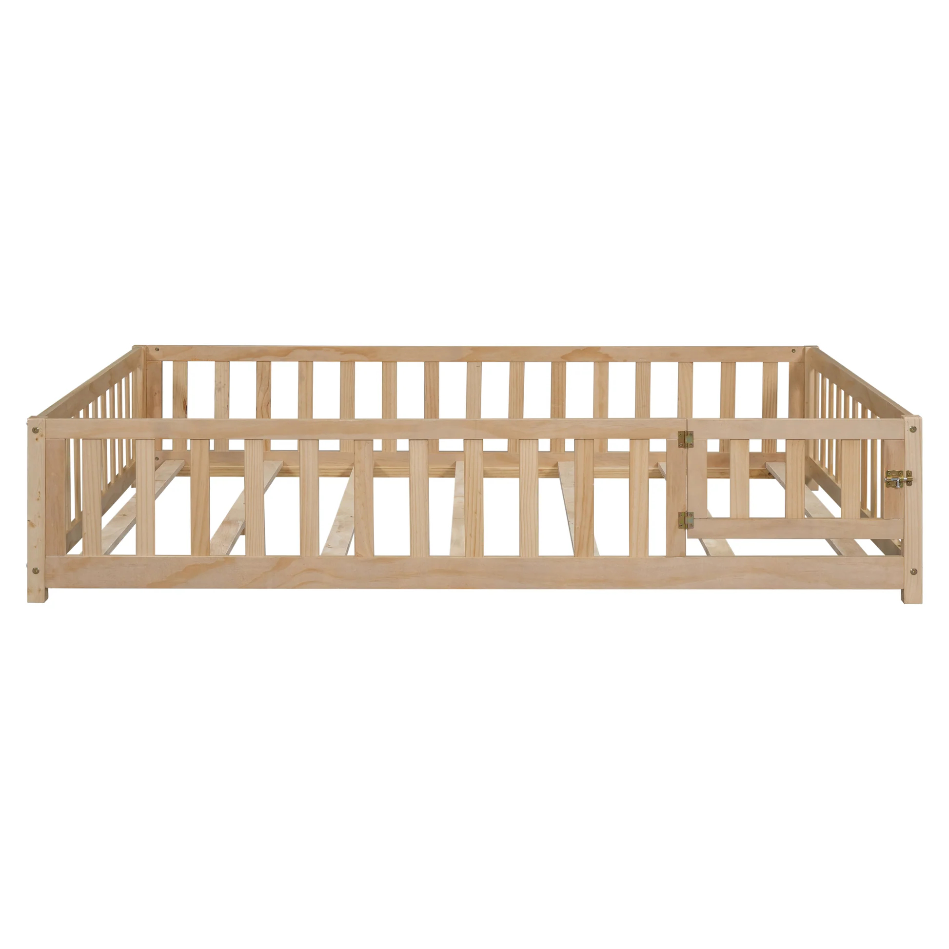 Cama de Plataforma en el Suelo de Tamaño Completo con Valla y Puerta para Niños, Marco de Cama Montessori en el Suelo con Listones de Soporte para Niños Pequeños, Cama de Madera Natural W171613214963877014156673122