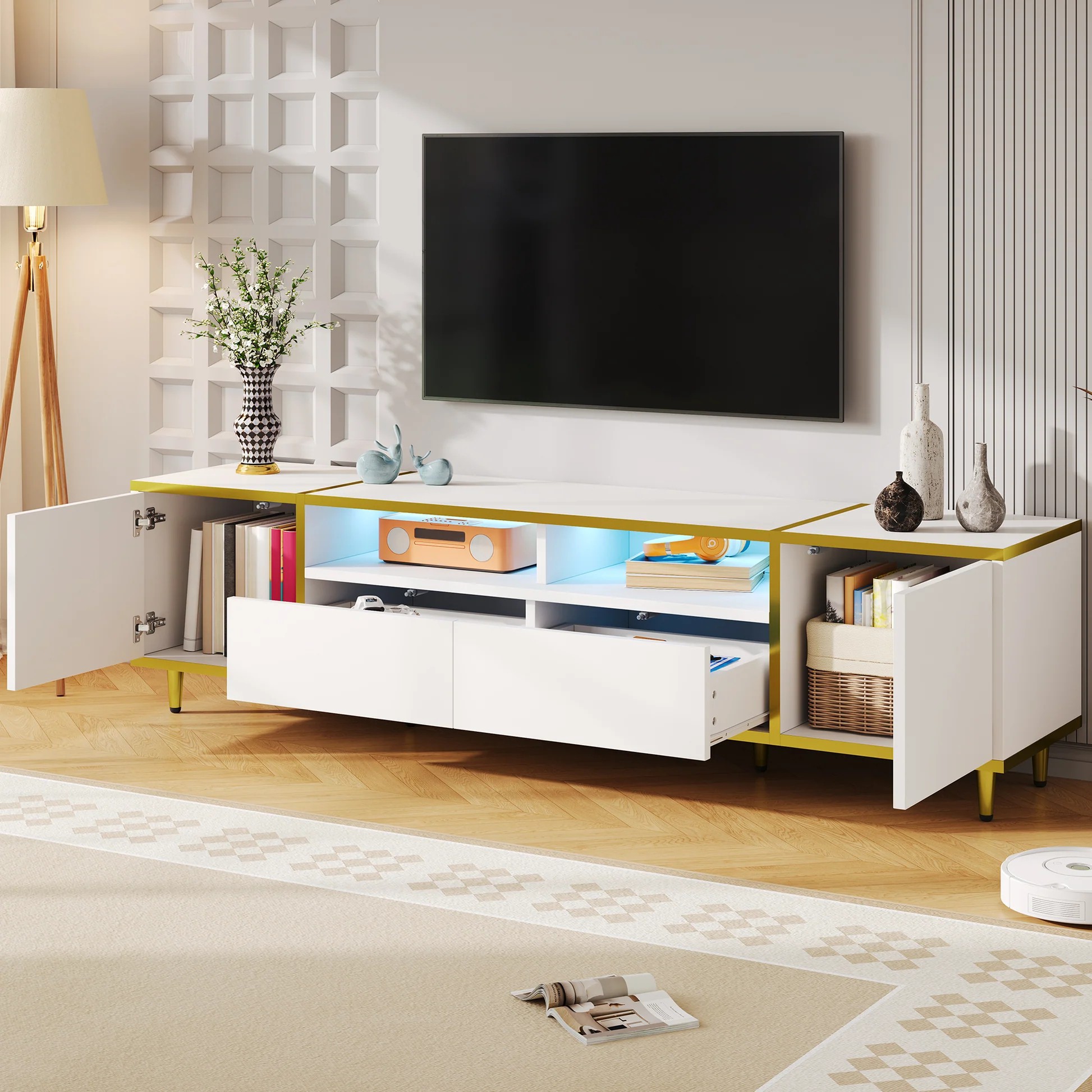 U-Can 70.9'' Modern TV Stand for TVs up to 80 Inches, Entertainment Center with 2 Shelves and LED Lights, TV Storage Cabinet with 2 Drawers, 2 Cabinets and Metal Legs for Living room N724P284377K63947701491970122