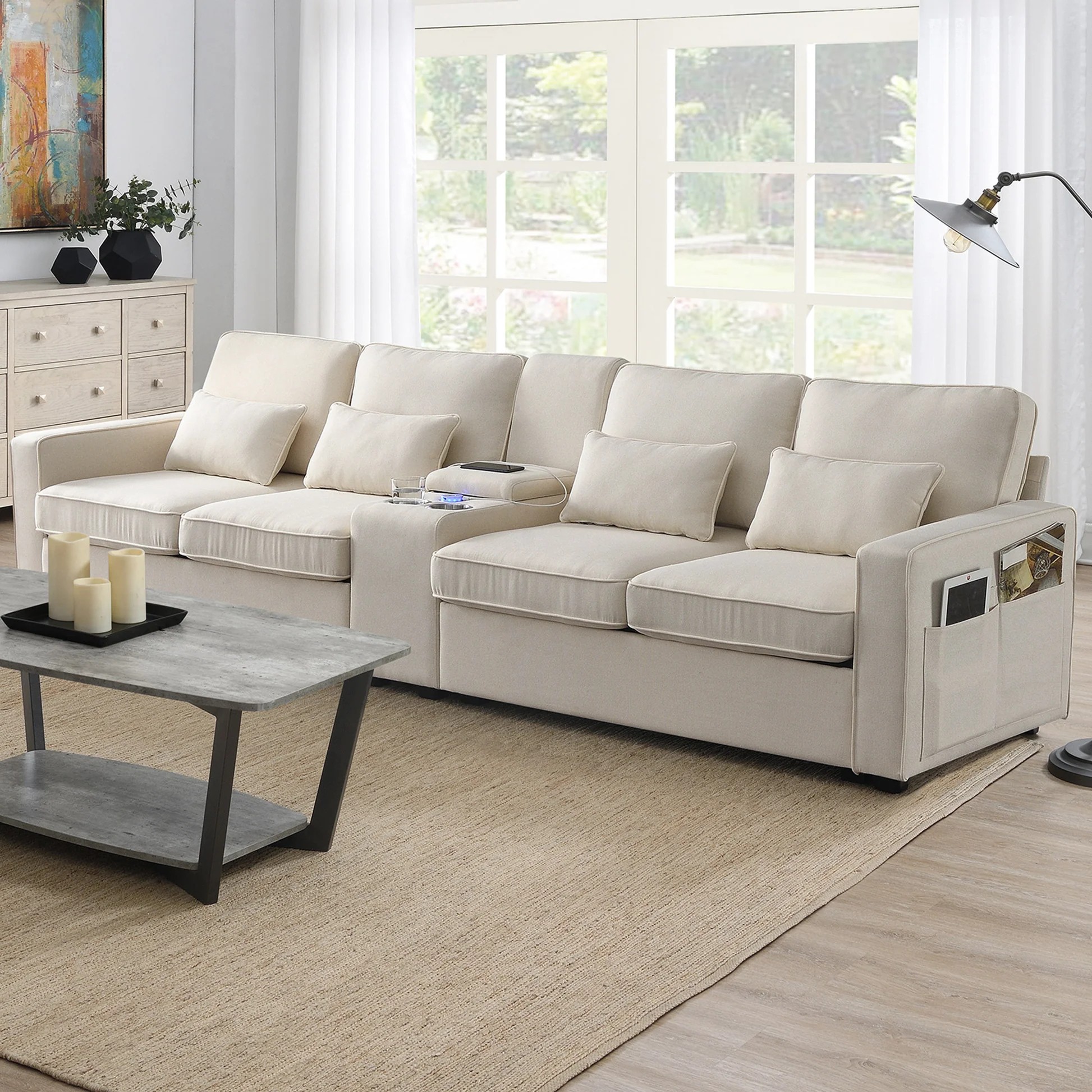 [VIDEO provided] [New] 114.2' Upholstered Sofa with Console, 2 Cupholders and 2 USB Ports Wired or Wirelessly Charged, Modern Linen Fabric Couches with 4 Pillows for Living Room, Apartment (4-Seat) GS63888983337089120