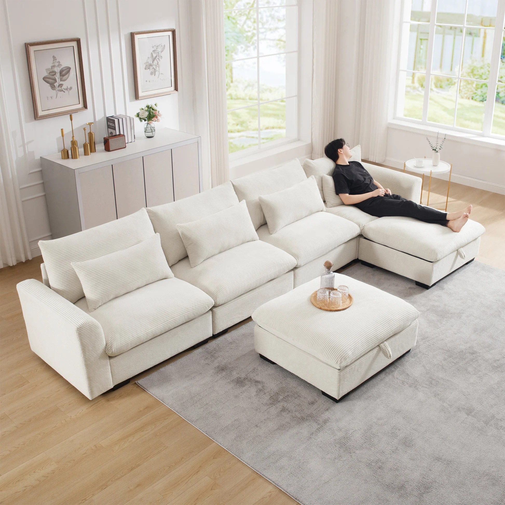 Big Deep Seat U-Shaped Corduroy Sectional Couches for Living Room, 4 Seater Sofa Couch with 2 Storage Footstool and 4 Waist Pillows (Corduroy, Beige) W714S0064463886819732865120