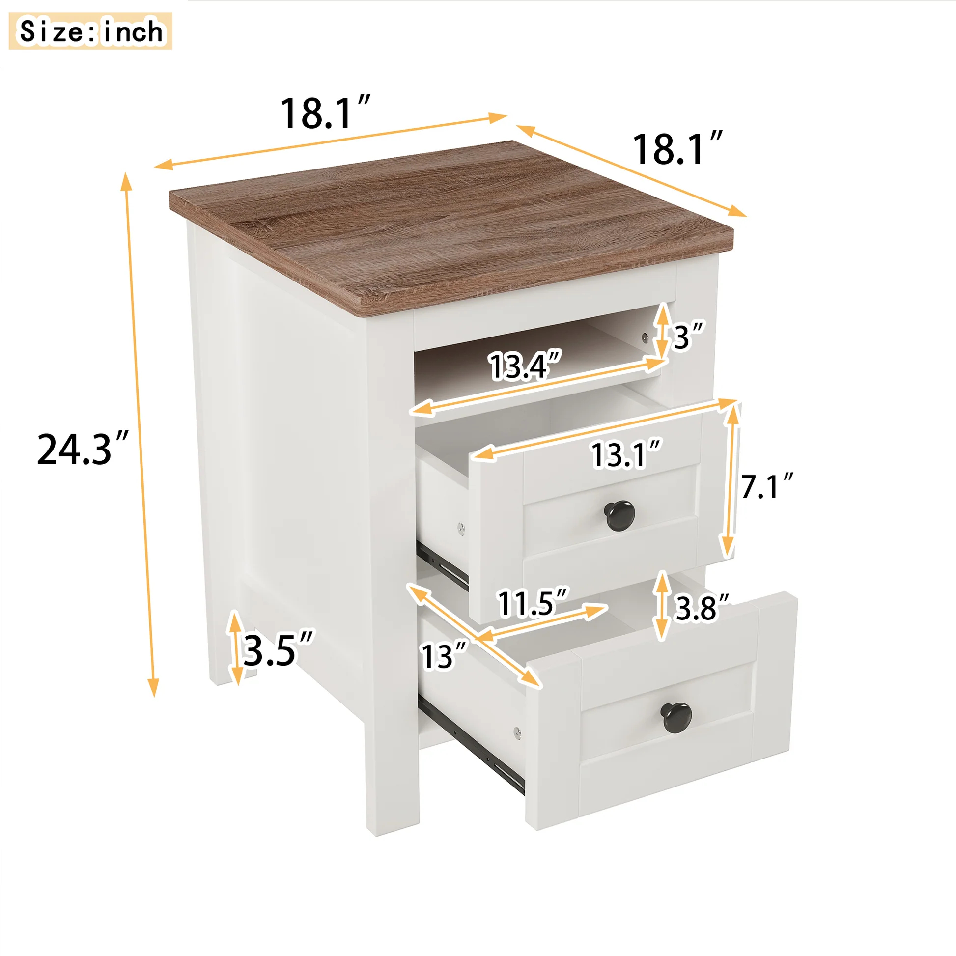 Mesita de noche de granja con 2 cajones y diseño bien proporcionado y líneas elegantes, mesa lateral de madera con gabinete de almacenamiento para dormitorio, blanco+marrón WF317945AAK63999377187842122