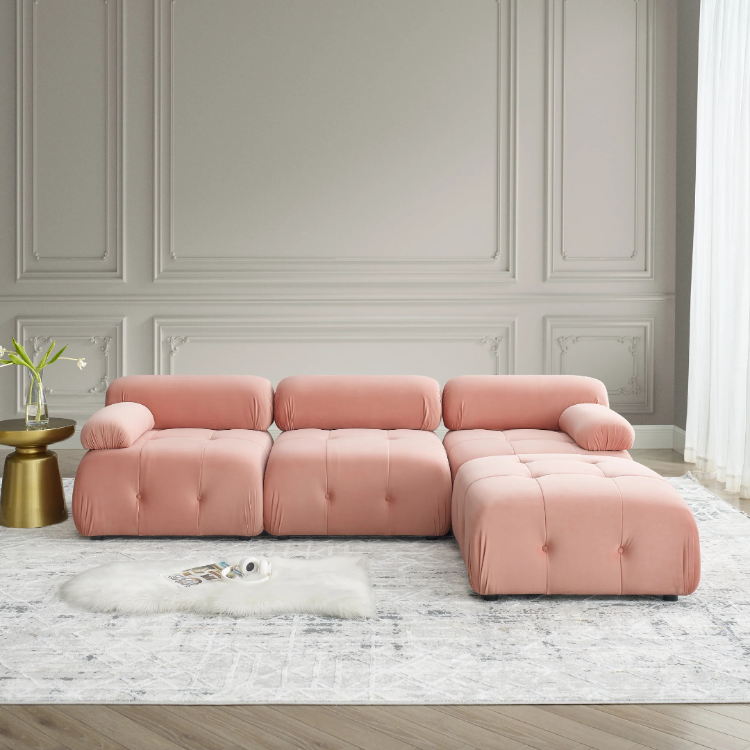 Modular Sectional Sofa, Button Tufted Designed and DIY Combination,L Shaped Couch with Reversible Ottoman, Pink Velvet W1413S0001863876491354113121