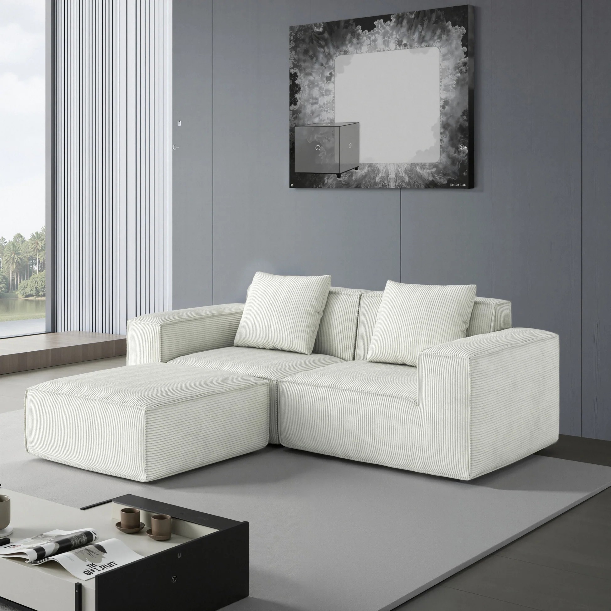 modular sofa can be converted into an oversized sofa bed Free conversion sofa set flexible configuration, soft corduroy cloud velvet fabric two person combination with footrest -white W3147S0000763909219709314120