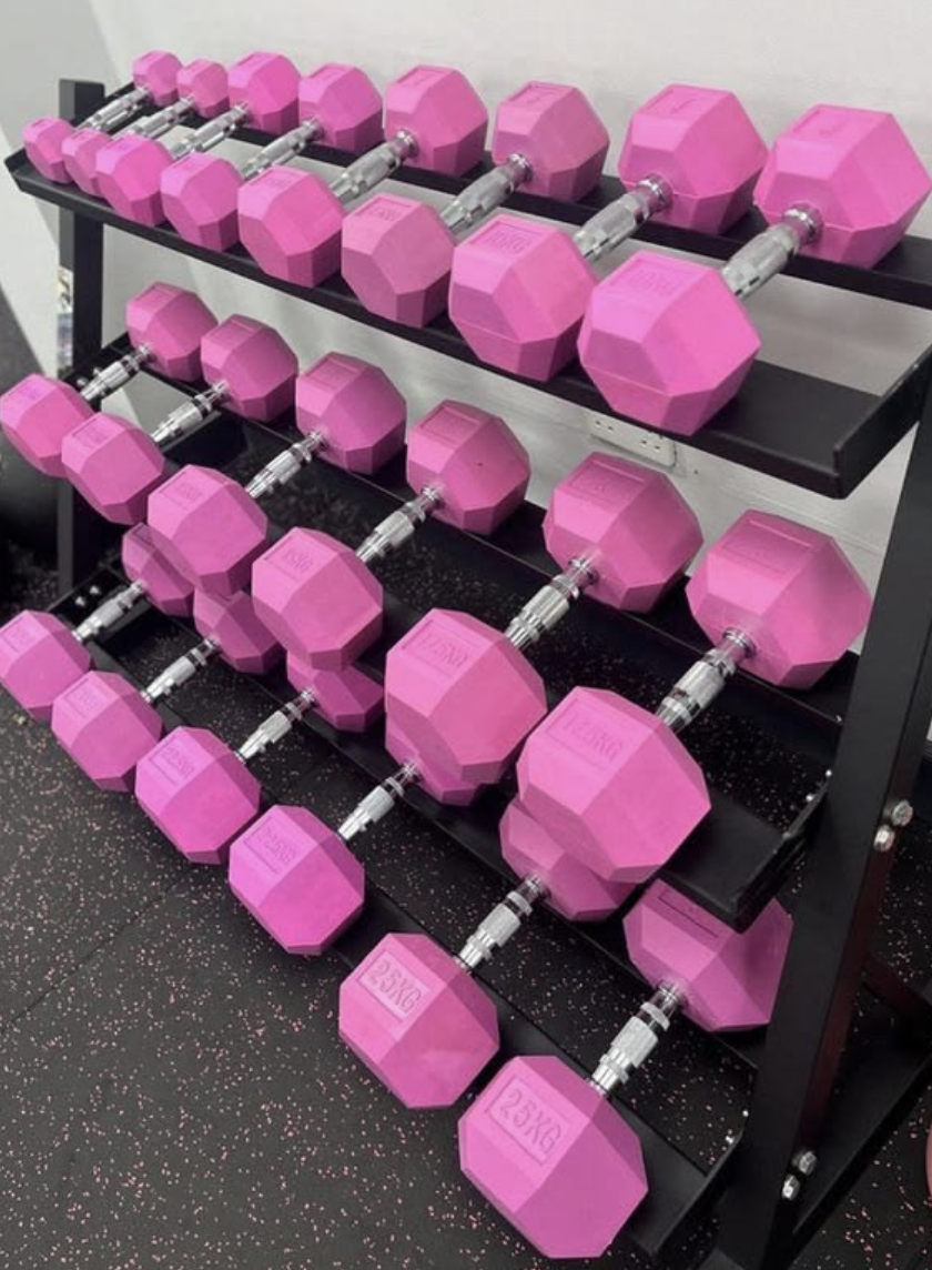 Pink Hex Dumbbells and Black Rack for Sale