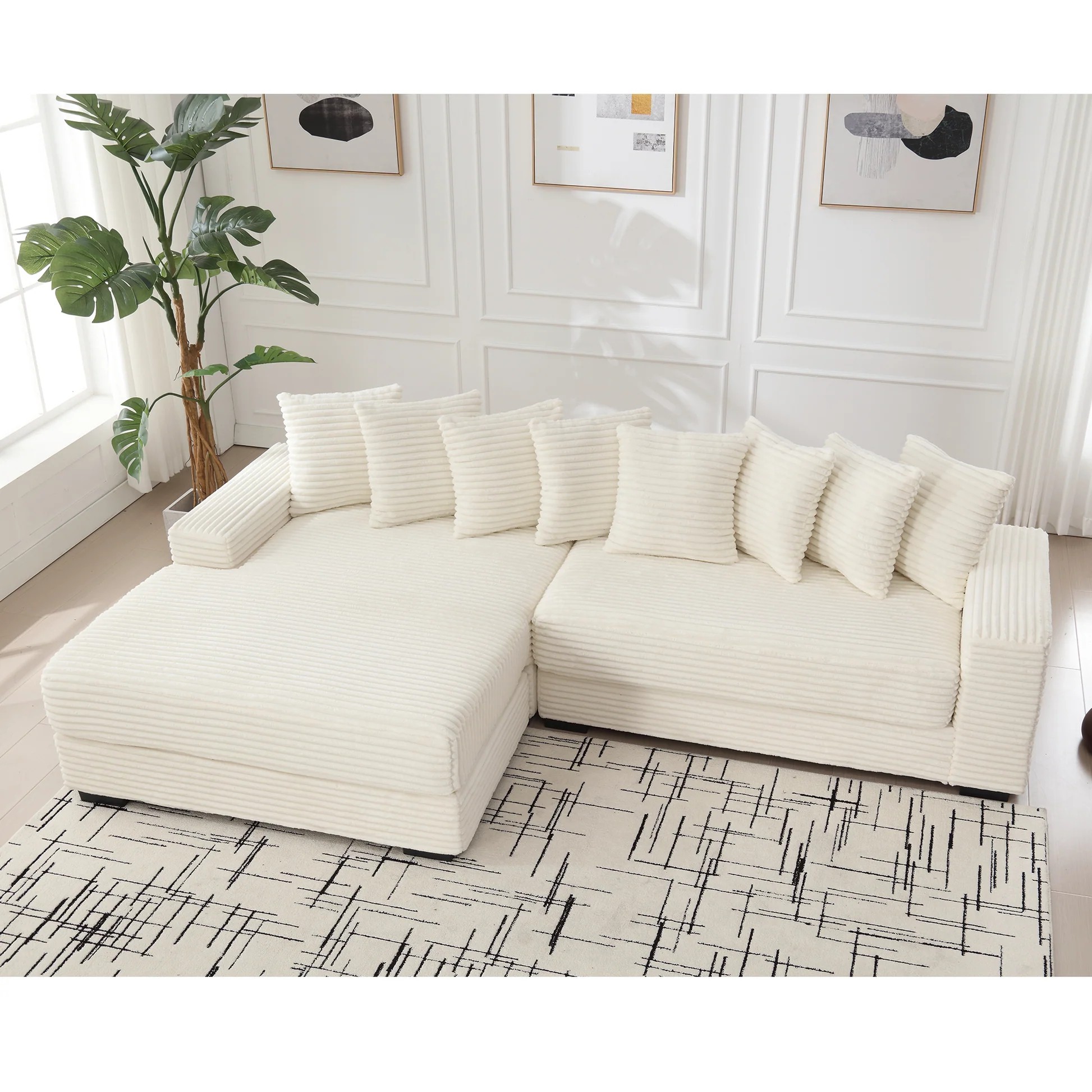 [NEW ARRIVED] [VIDEO PROVIDED] Oversized Two-Piece Couches, L Shaped Sofa, Corduroy, Left Chaise Daybed,with Armrests,Eight Throw Pillows,Corner Sofa,Easy To Assemble, Beige W2108S0006563888719858435121