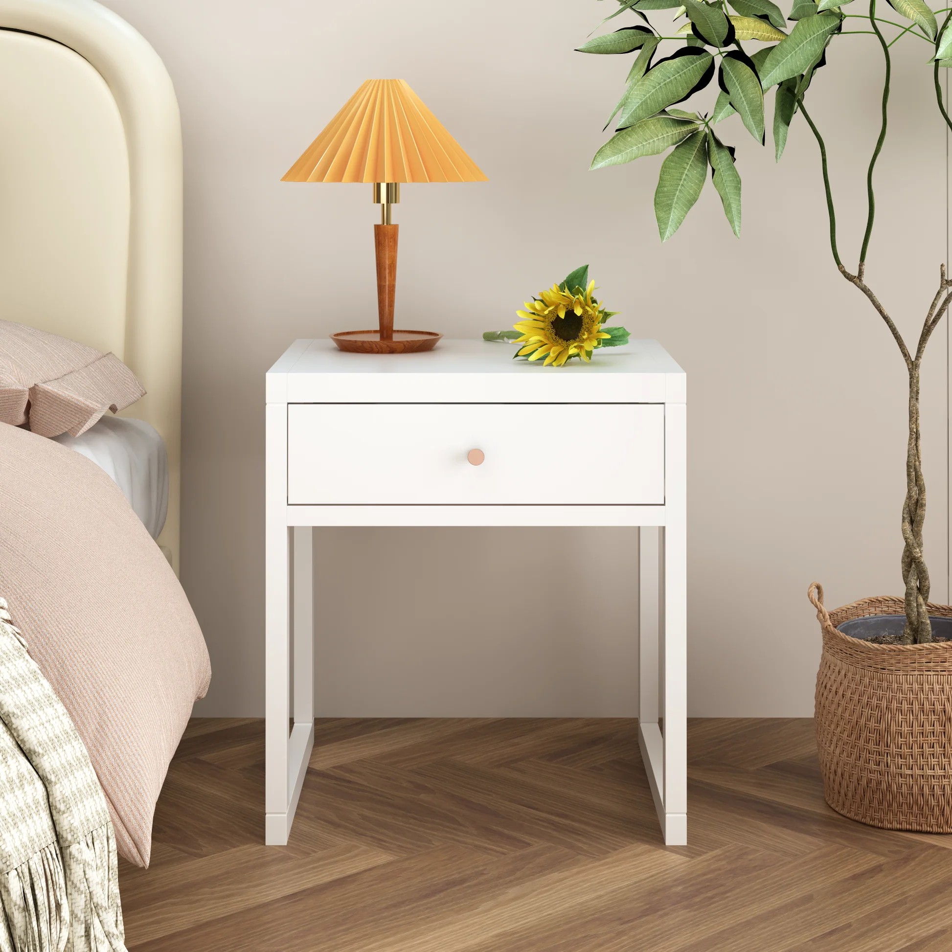 Modern White Nightstand with Drawer, Minimalist Bedside Table with Wood Knob, Compact End Table for Bedroom, Apartment, or Small Spaces, Easy Assembly W808P29801263989295845122120