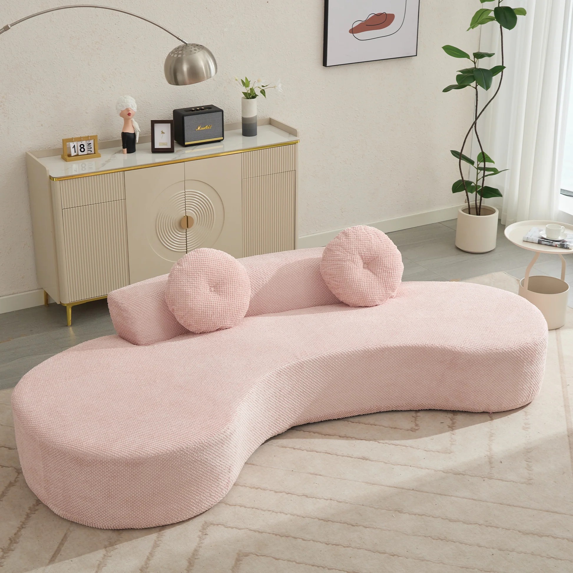 [NEW ARRIVED] [VIDEO PROVIDED]105.5''Curved Sofa, Modern Minimalist Sofa, Cloud Couch Sofa 3-4 Seater Couch with 2 Pillows,Bedroom, No Assembly Required, Point-shaped corduroy,(Anti-Wrinkle) ,Pink W2163902026250627122