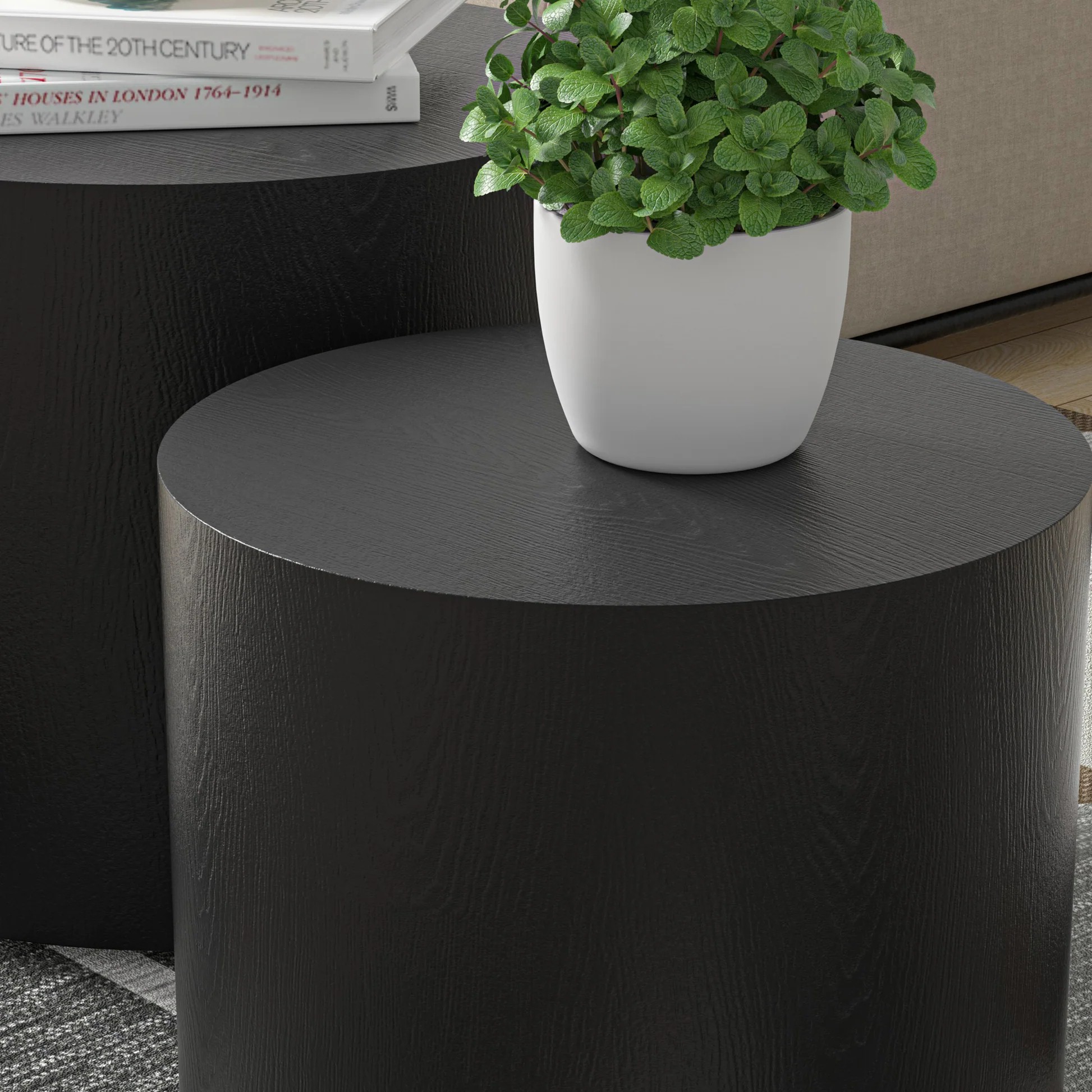Mesa auxiliar / mesa de centro / mesa final / juego de mesas apilables de 2 piezas con chapa de fresno/roble/nogal MDF para sala de estar, oficina, dormitorio Negro W8764012163932195475074121