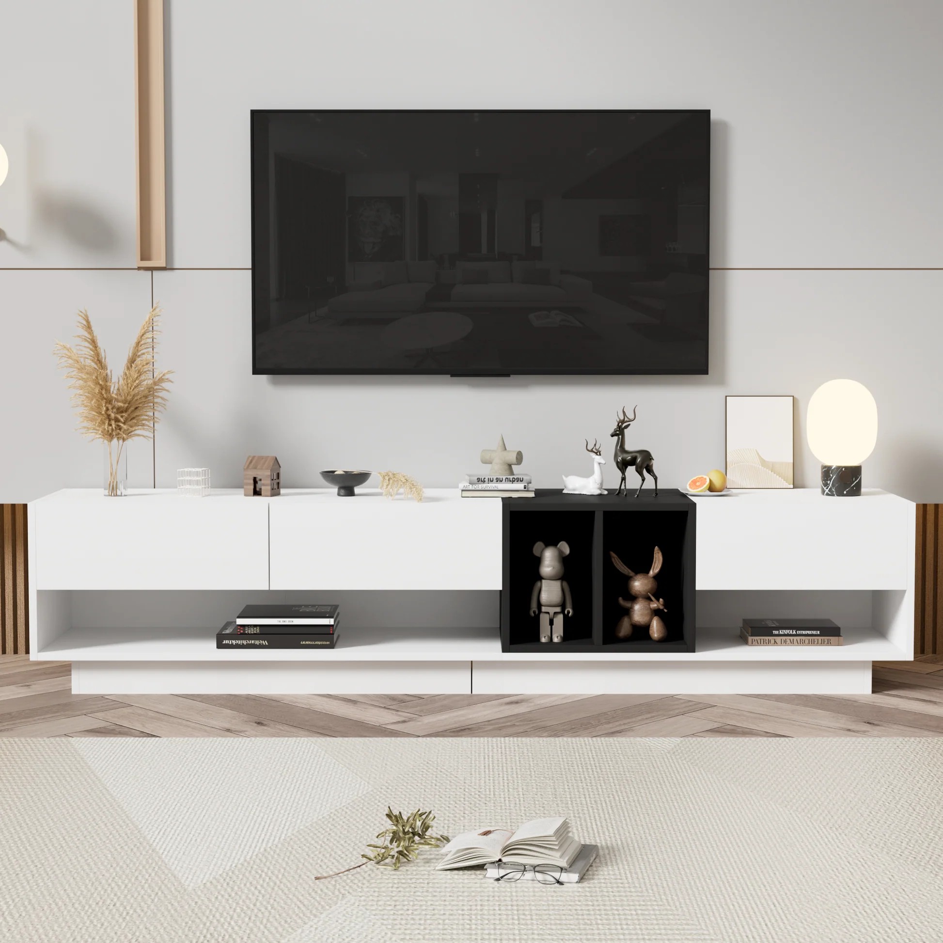 ON-TREND Sleek and Stylish TV Stand with Perfect Storage Solution, Two-tone Media Console for TVs Up to 80'', Functional TV Cabinet with Versatile Compartment for Living Room, White WF311772AAK63956400998146121