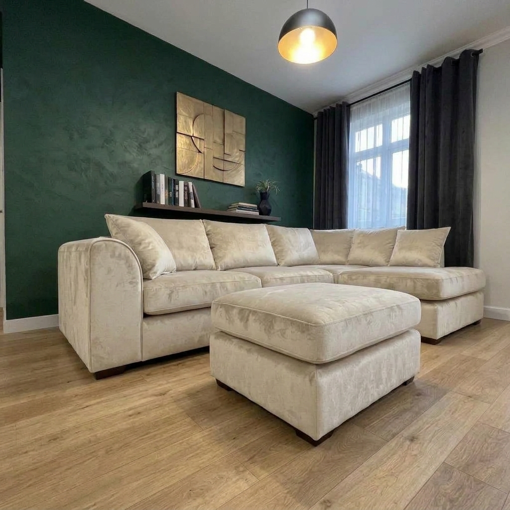 Cream Velvet 4-Seater Sofa with Moveable Chaise