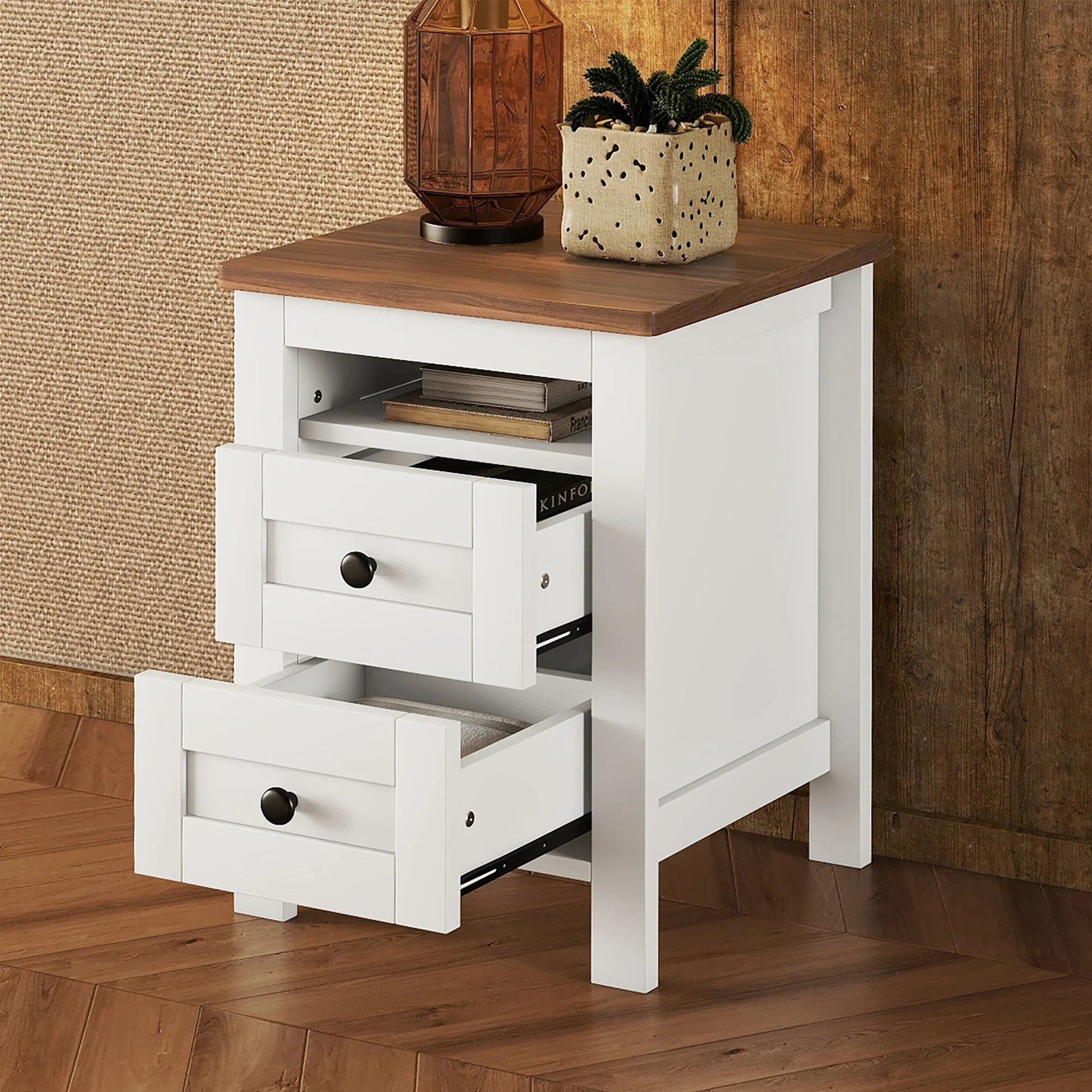 2-Drawer Farmhouse Wooden Nightstand with Well-proportioned Design and Sleek Lines, Wood Side Table with Storage Cabinet for Bedroom, White+Brown WF317945AAK63999377187842121