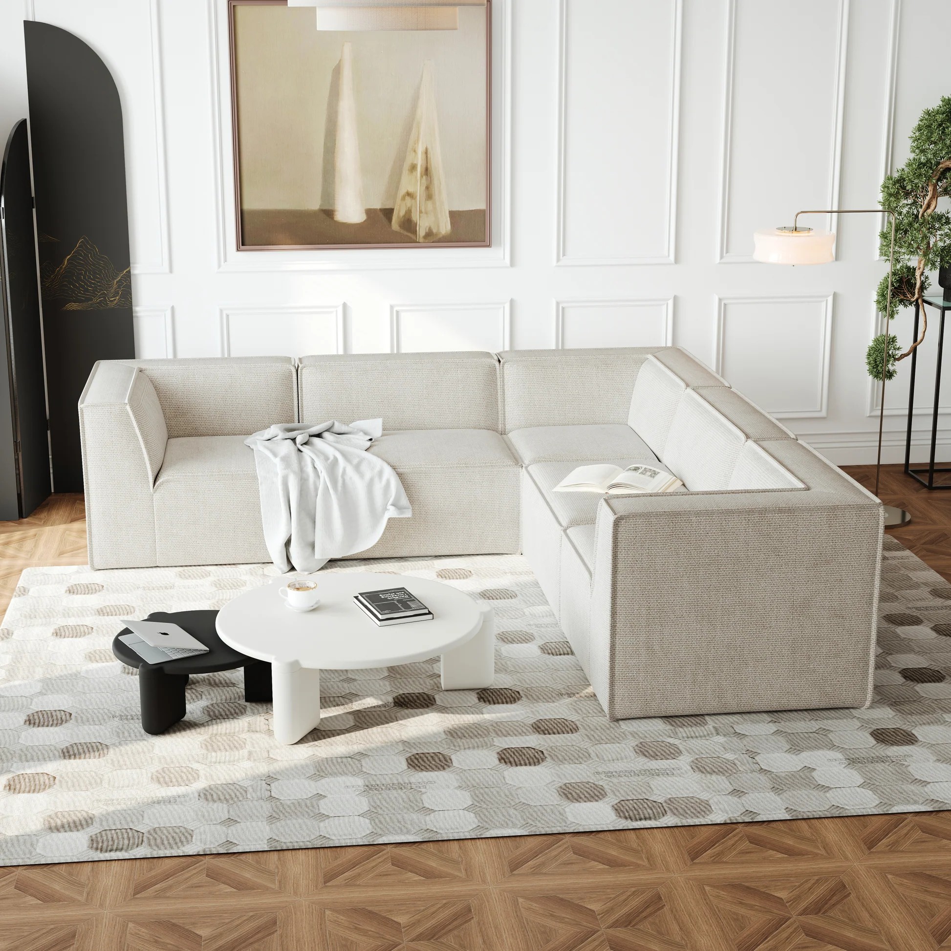 Sofá seccional modular en forma de L 106*106", juego de sofá de suelo de lujo, muebles tapizados para interiores, sofá comprimido relleno de espuma para sala de estar, dormitorio, combinación libre de 5 piezas W834S0036063888824047233121