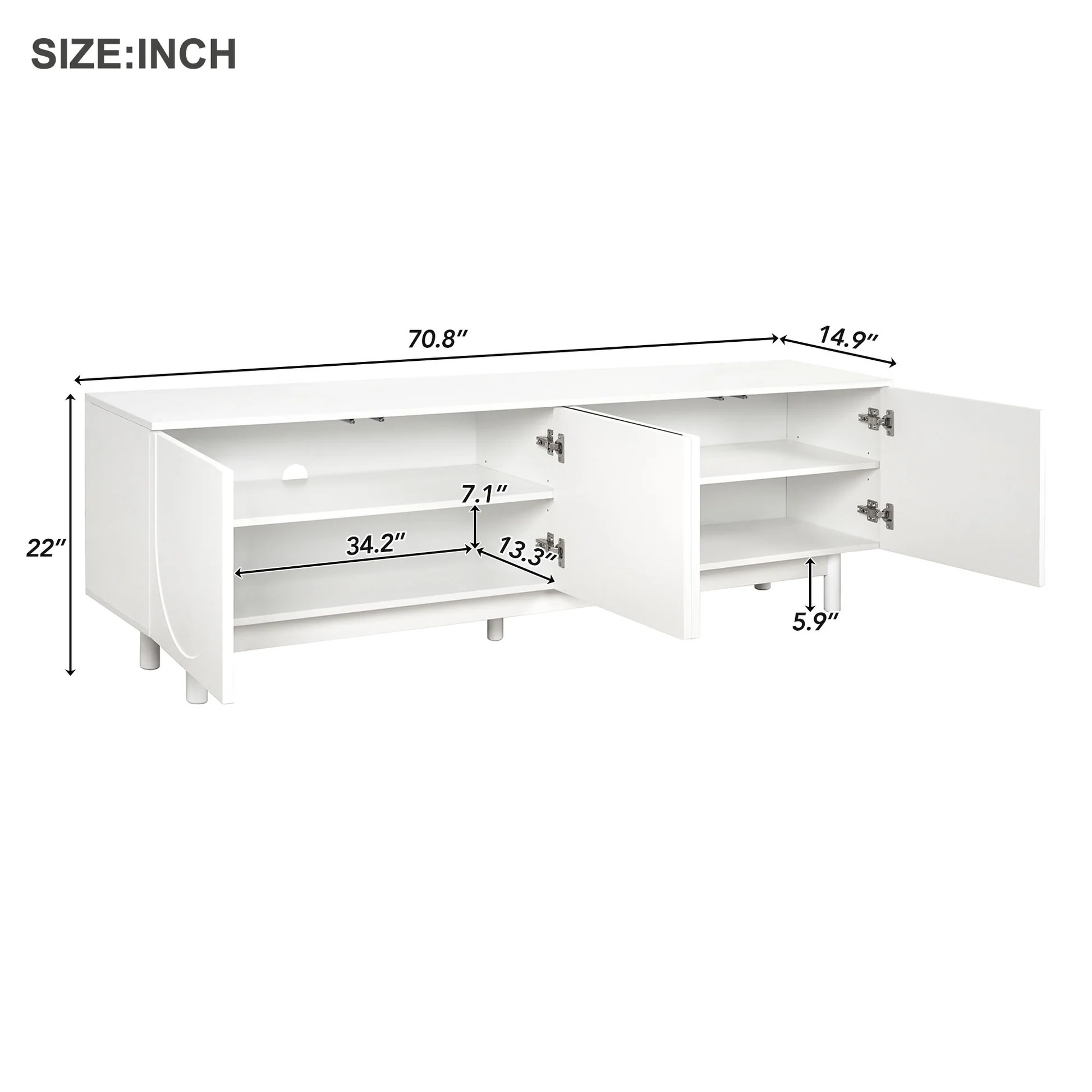 Soporte elegante para TV a la moda con gabinetes de arco para televisores de hasta 78'', centro de entretenimiento minimalista con patas de madera maciza, consola de medios práctica con estantes ajustables para sala de estar, blanco WF325999A63956806682370121