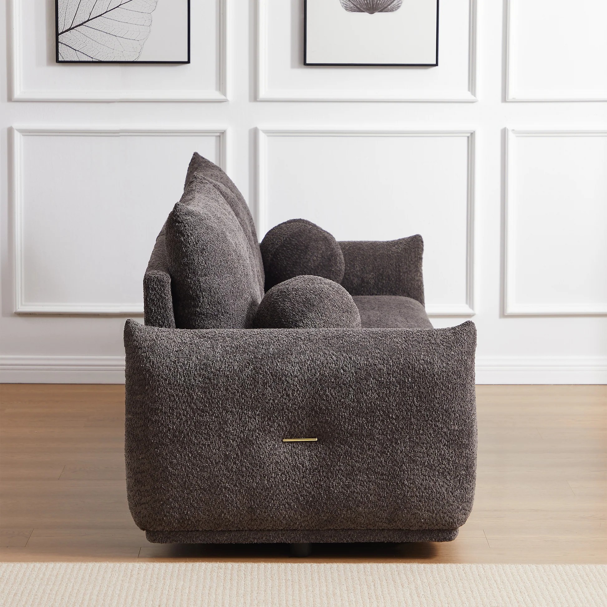 Mid-Century Modern Lamb's Wool 2-Seater Cushion Sofa in Gray Fabric with Cushions and Ball Pillows W1957S0000363909196873219122