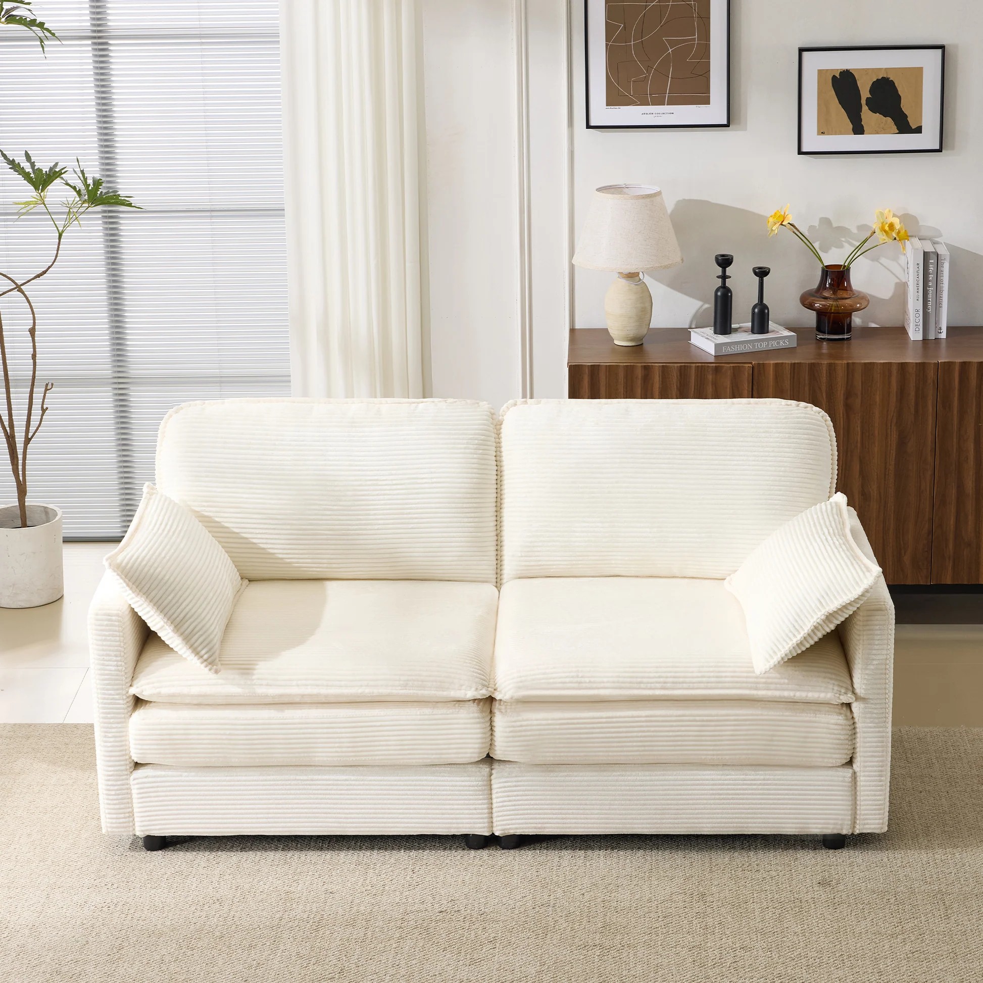 69' PLUSH CLOUD LOVESEAT: Modular 2-Seater Sectional Sofa with 22' Beige Chenille Cushions + 2 Throw Pillows - Compact Size for Apartment, Living Room, Bedroom (Beige) W1829P32489363909170557442120