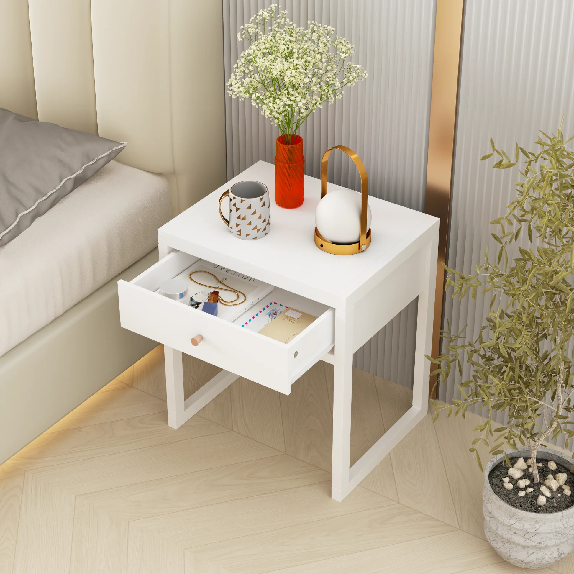 Mesita de noche moderna blanca con cajón, mesa auxiliar minimalista con tirador de madera, mesa compacta para dormitorio, apartamento o espacios pequeños, fácil montaje W808P29801263989295845122121