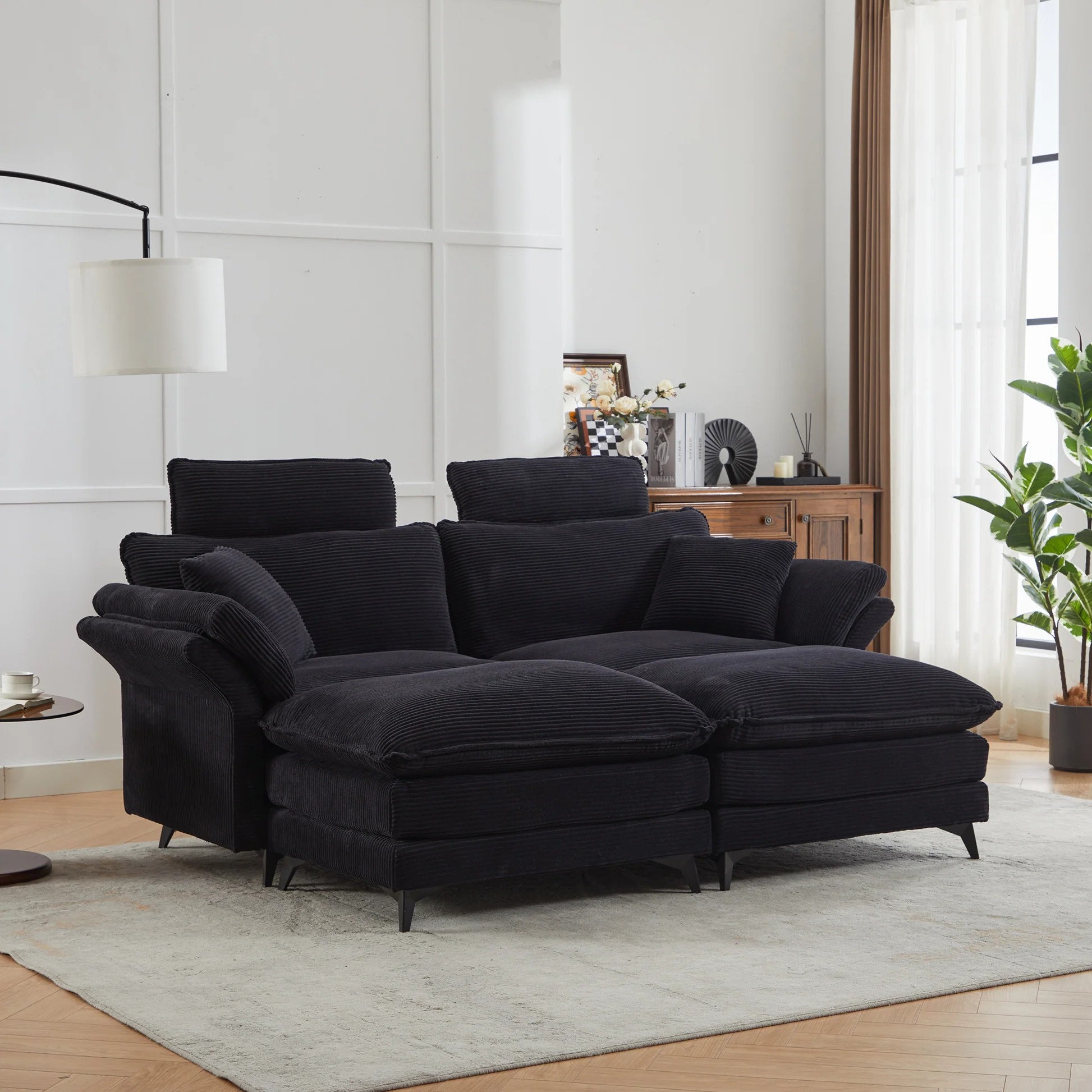[VIDEO/Nuevo] Sofá Seccional de Asiento Profundo, Sofá Nube Cómodo con Otomanas, Sofá para Dos Personas, Sofá Seccional Tapizado Moderno de 85,8'' de Corduroy para Sala de Estar, Apartamento, Estudio, Oficina (Negro). W2120S0063887490727681120
