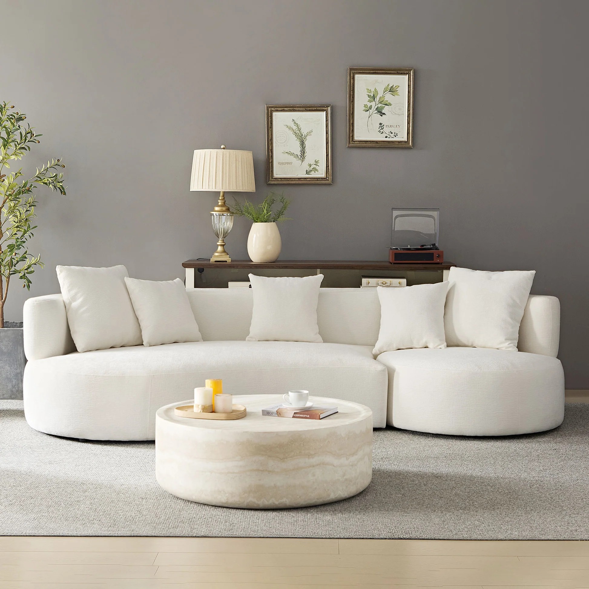110.23 Inch Modern Sectional Curved Rotatable Sofa Couch, Swivel Sofa 360° Comfy Sofa for Living Room Bedroom,Upholstered 4-Seat Sofa Couch Fabric Cream Style Couch Set for Apartment,Beige W2582S0009963888785409409120