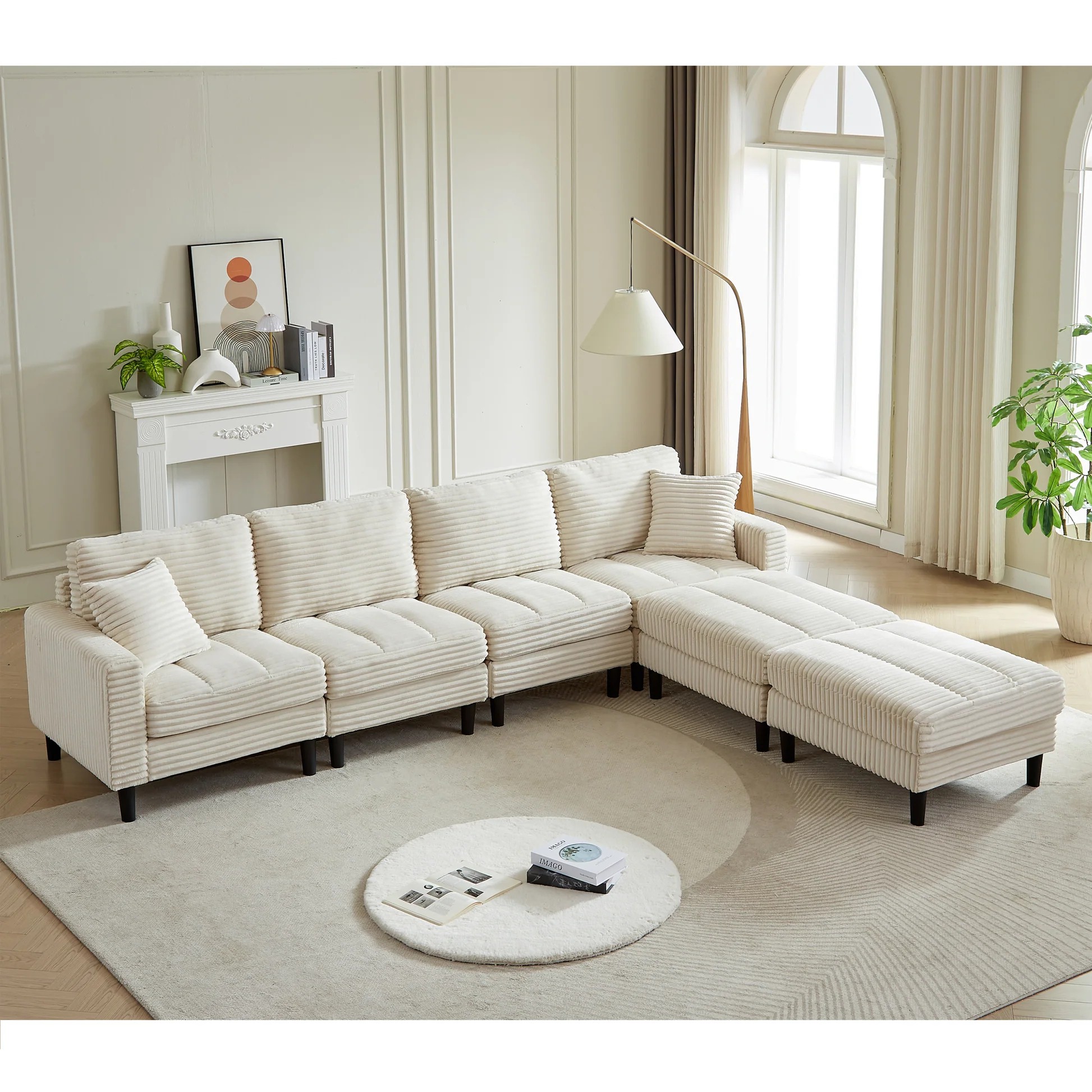 122.5-Inch Oversized U-Shaped Modular Sofa, Corduroy Fabric Sofa, Living Room Sectional Sofa with 2 Pillows, Two ottoman, plastic leg, Beige W1193S0012263889029222273122