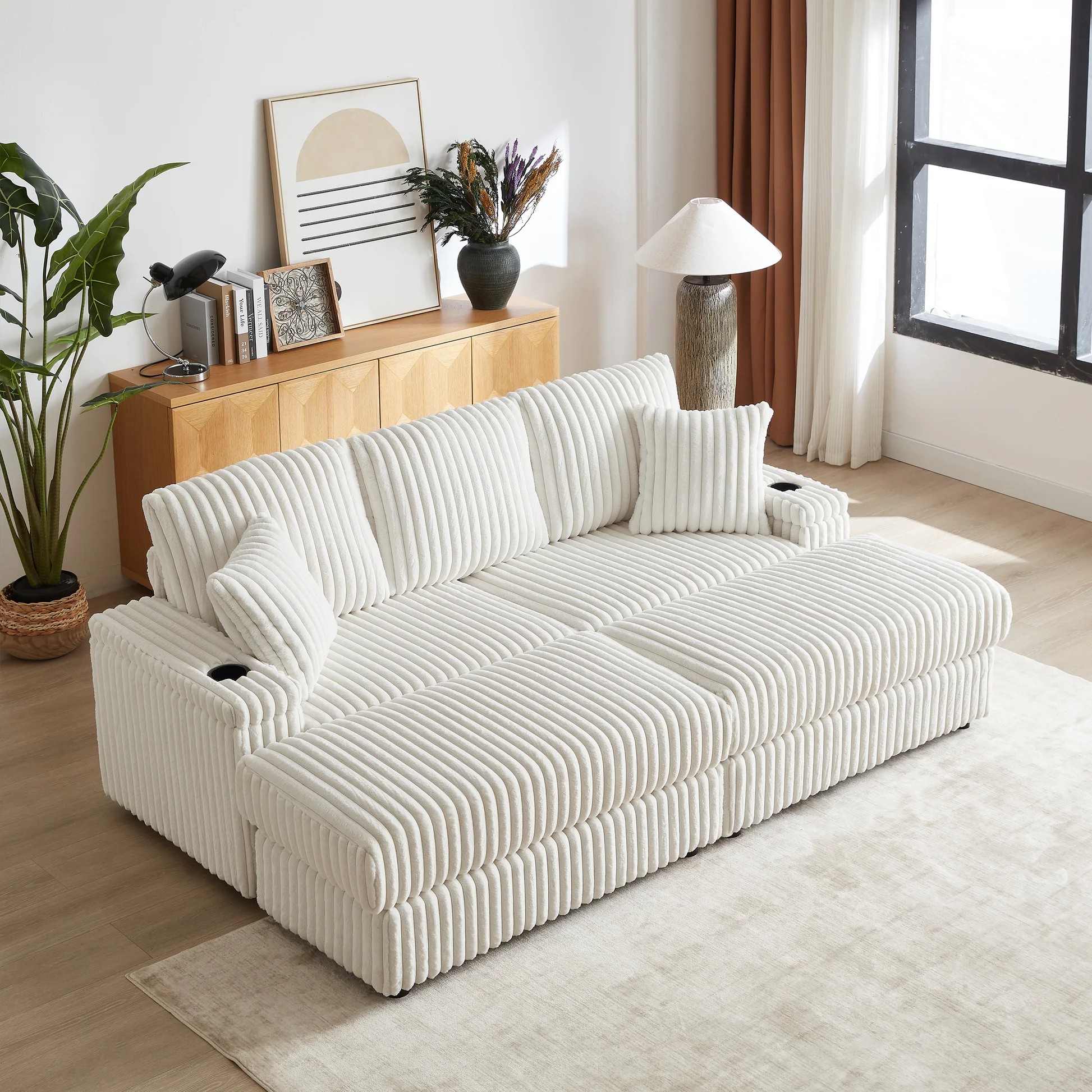 Sofá de terciopelo de 84 pulgadas de 3 plazas con 3 cojines para el respaldo, 2 cojines decorativos, 2 otomanas, 2 espacios de almacenamiento y ranuras para sujetar tazas, sofá cómodo - sofá de asiento profundo para sala de estar W834S0035763888747551491120