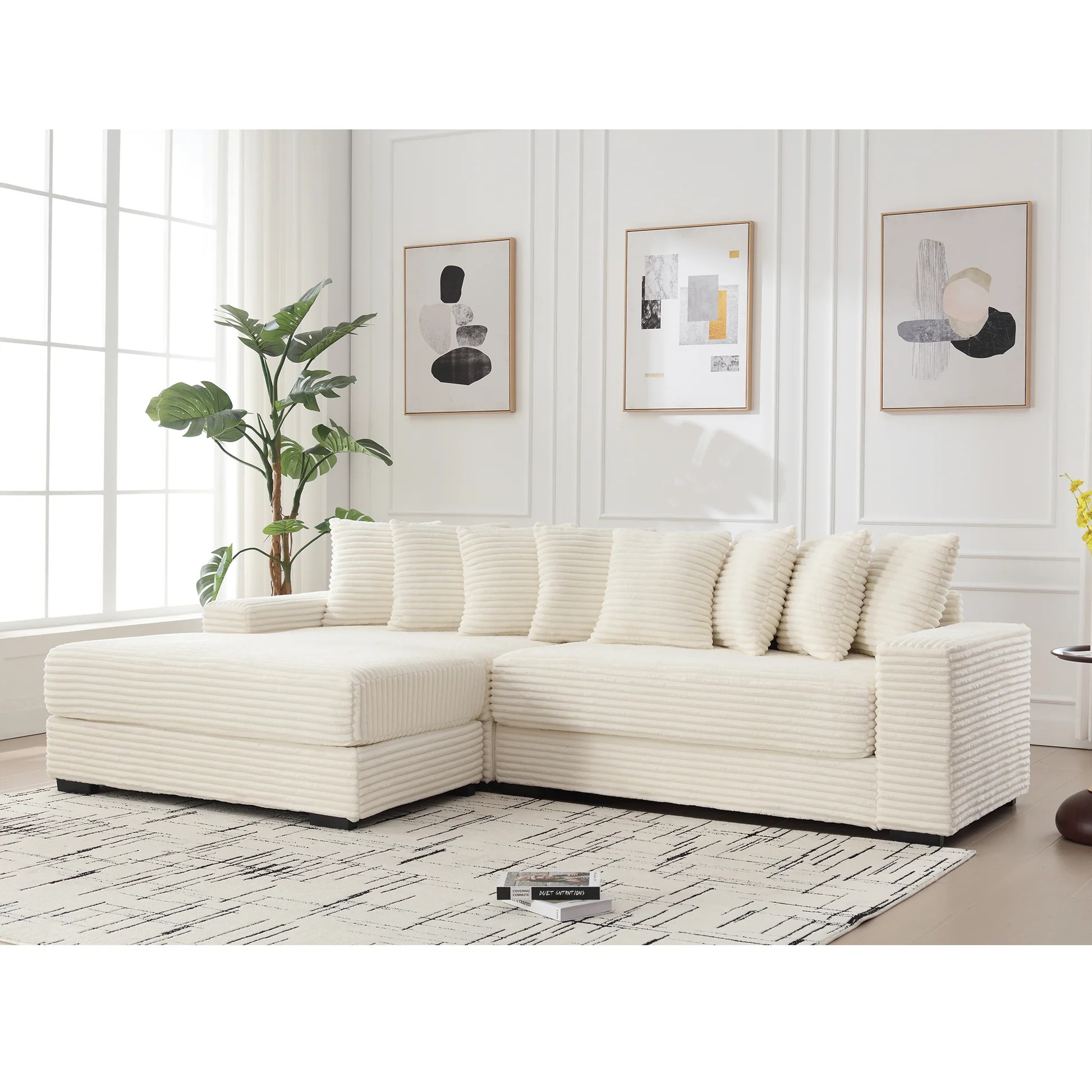 [NUEVO LLEGADO] [VIDEO PROPORCIONADO] Sofás de dos piezas extragrandes, sofá en forma de L, terciopelo, chaise larga izquierda, con reposabrazos, ocho cojines decorativos, sofá de esquina, fácil de armar, beige W2108S0006563888719858435120