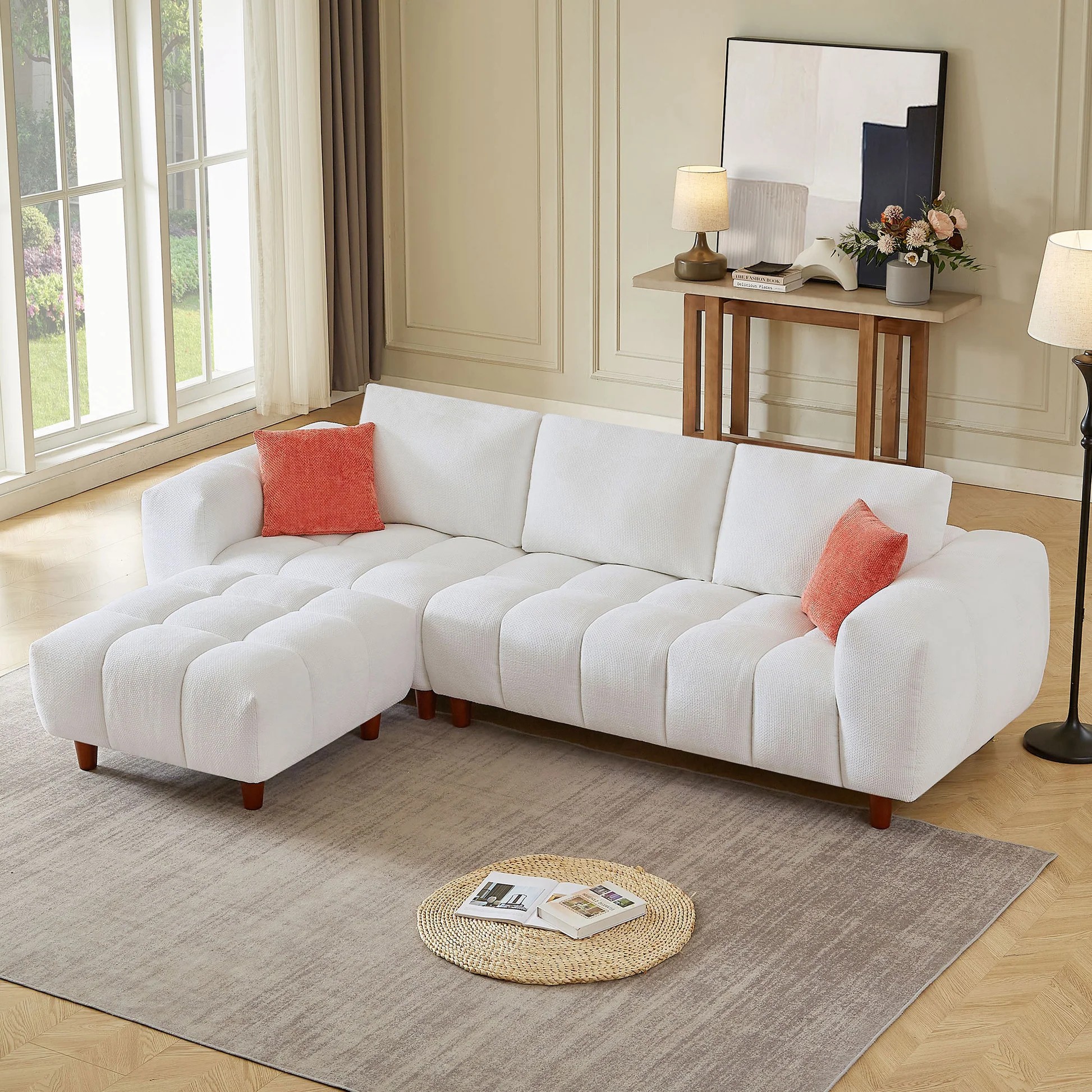 Sofá Seccional Convertible de 111.81 Pulgadas, Sofá en Forma de L con Chaise Longue de Tela, Diseño Moderno Color Crema Estilo Sofá Malvavisco para Sala de Estar y Oficina, Blanco W2582S0000763887406906499120