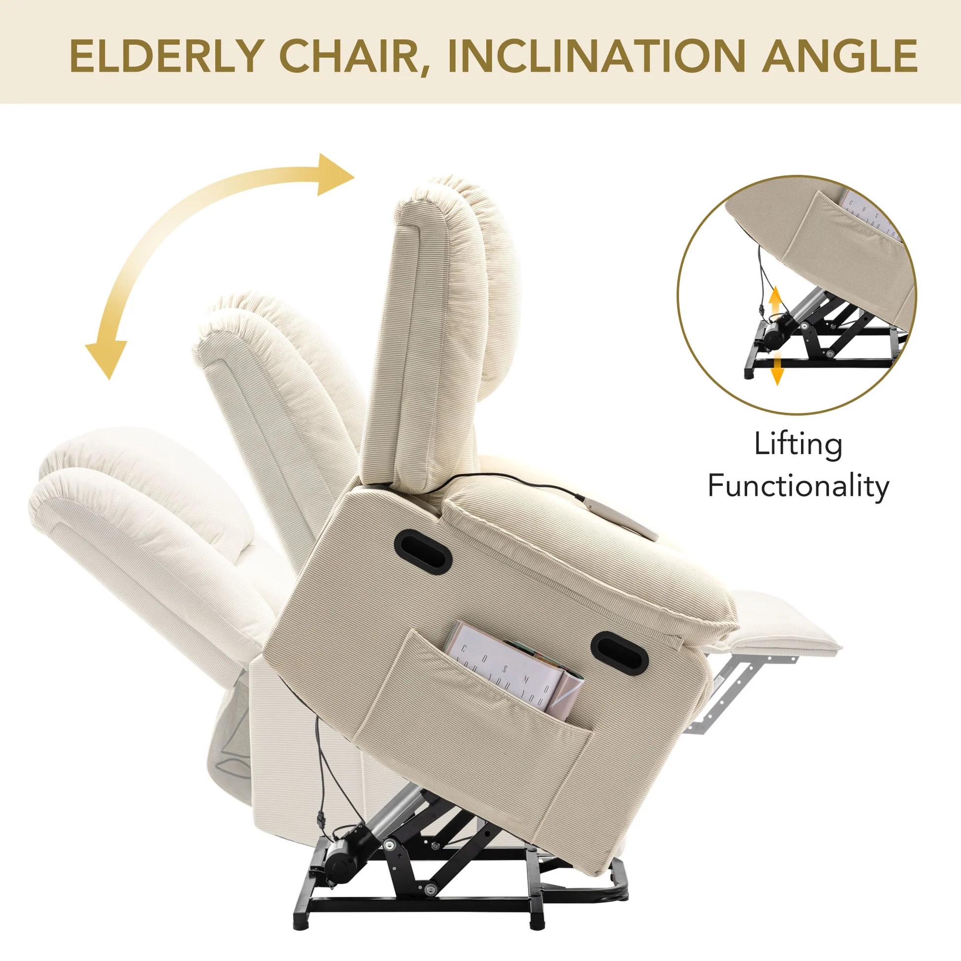Silla reclinable moderna con elevación eléctrica y funciones ajustables de masaje y calefacción en raso beige N719P243150A63909619634818121