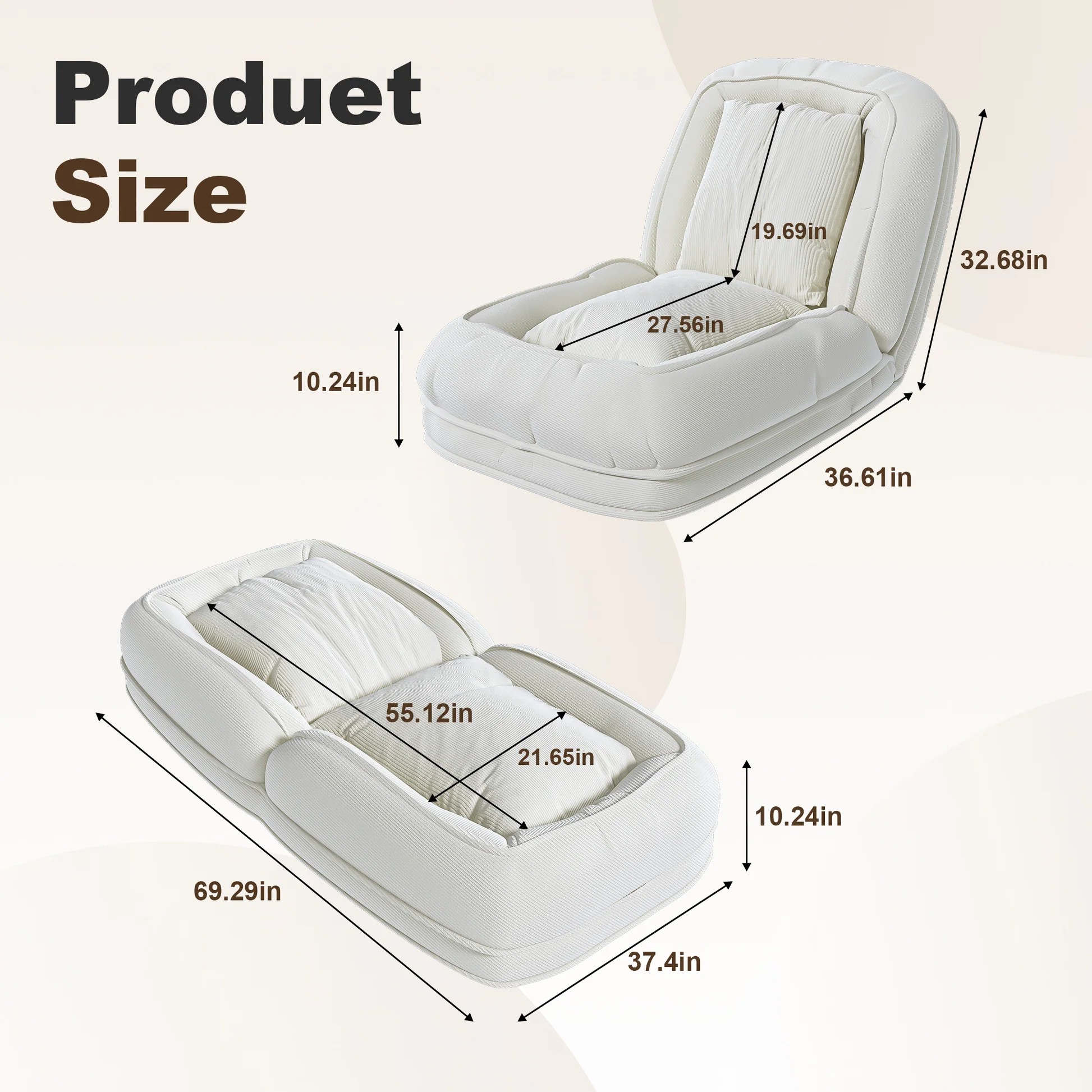 Cama para perro tapizada para adultos y mascotas, cama perezosa plegable con 5 posiciones ajustables, color blanco roto de terciopelo, 69,29 x 37,40 x 10,24 pulgadas P32422763921092711426121