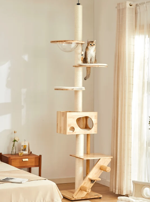 Wooden cat tree with sisal post and enclosed house
