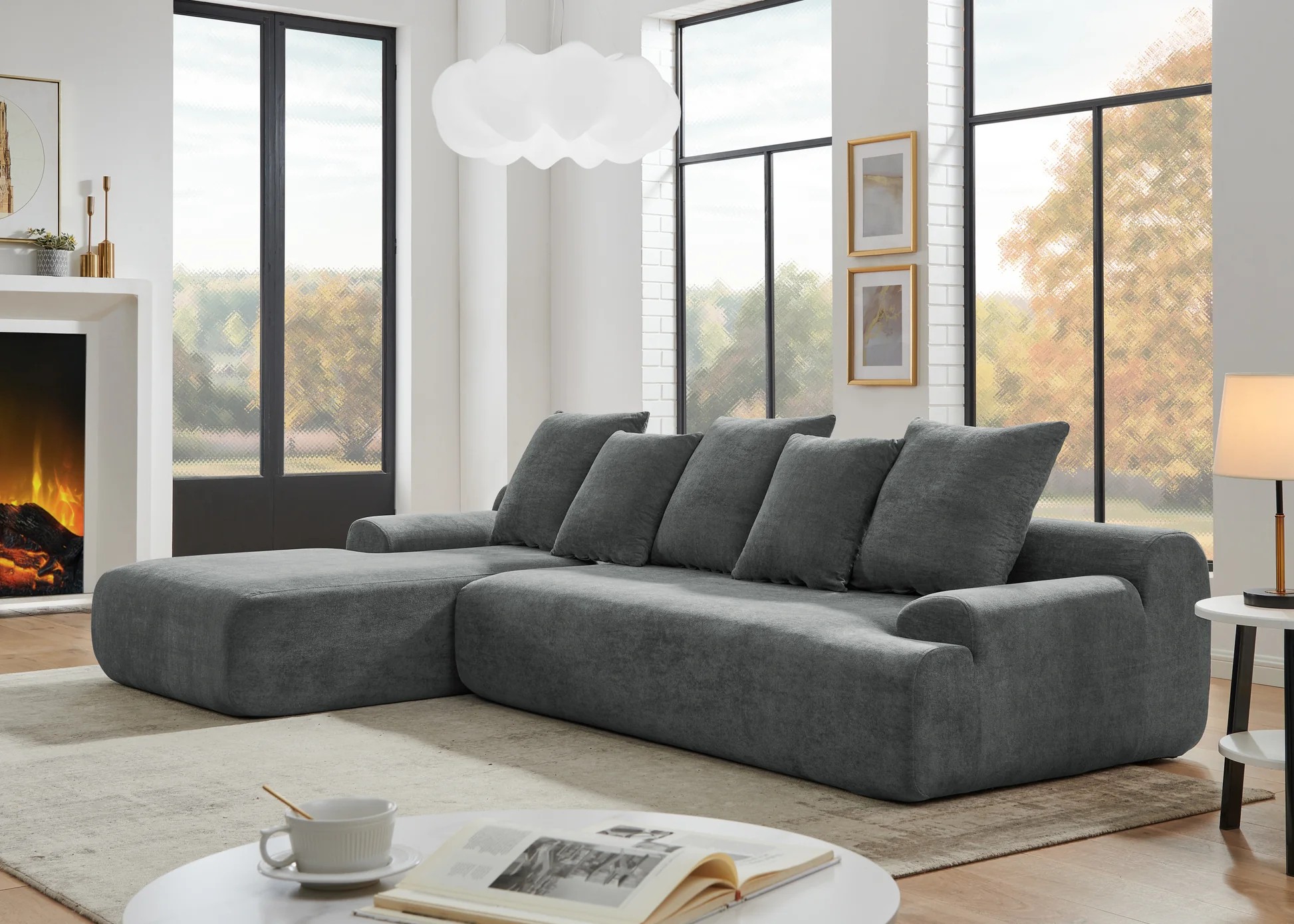 Sofá seccional moderno tapizado en forma de L 110.25x67'', Sofá modular comprimido con combinación libre para sala de estar dormitorio, terciopelo mezclado, gris W1413S0008263888797895555121