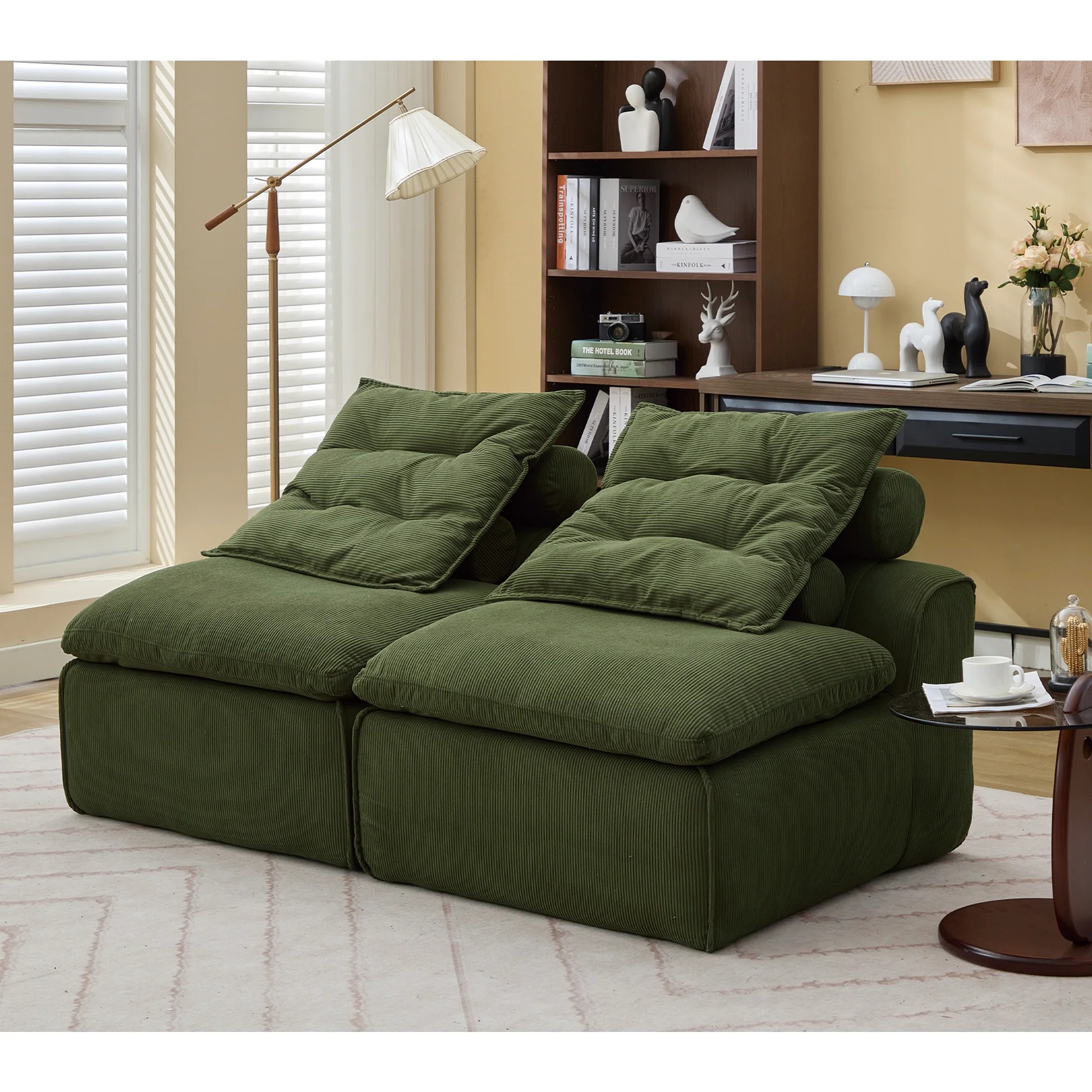 [NUEVO LLEGADO] [VIDEO PROPORCIONADO] Sofá modular, sin reposabrazos, bricolaje a voluntad, tela suave de pana, sillón reclinable con almohada para el cuello, rincón de lectura o sala de apartamento, cojín lumbar, 2 asientos, tapizado, verde W263909273881219121
