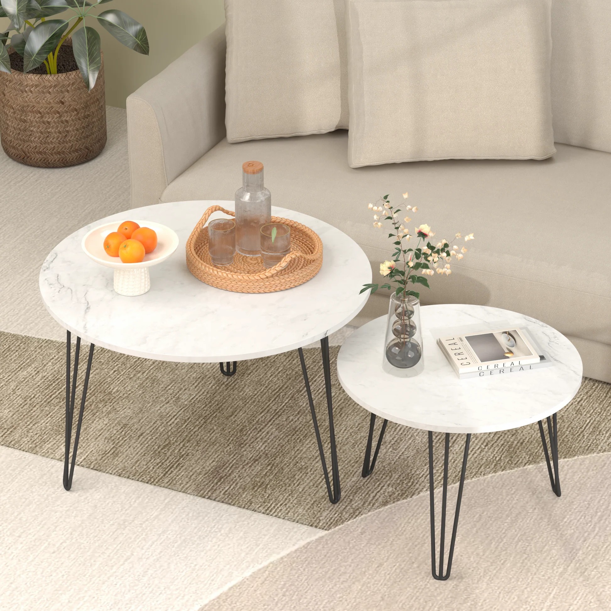 27.56'' Round Nesting Coffee Table Set of 2, Circular Nesting End Table Set, Round Marble Tabletop, and Sturdy Metal Base for Living Room, bedroom, White W808P17673763932022654211120