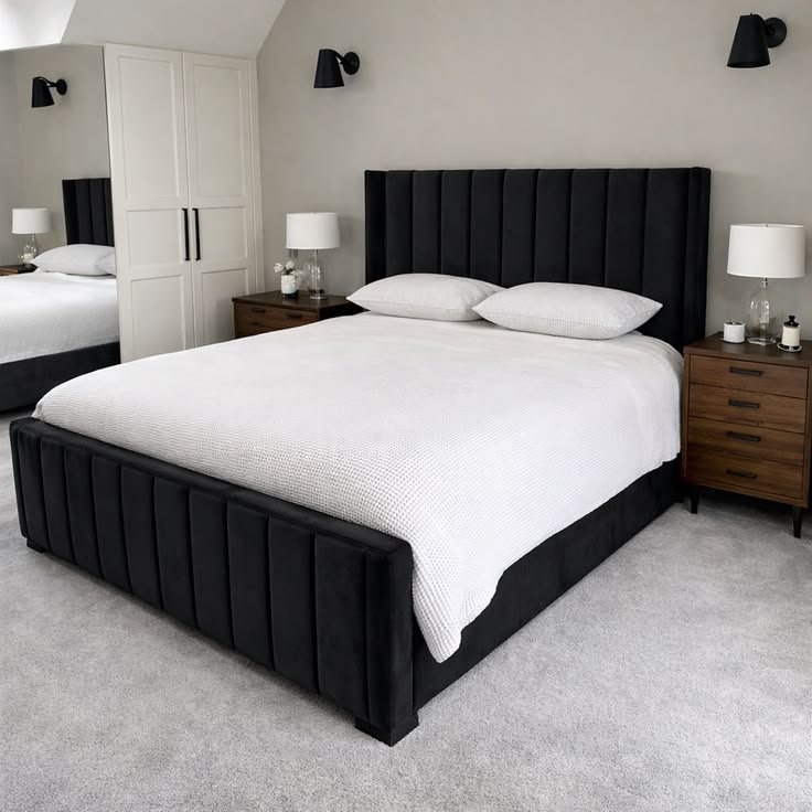 Black Upholstered Double Bed Frame with Tall Padded Headboard