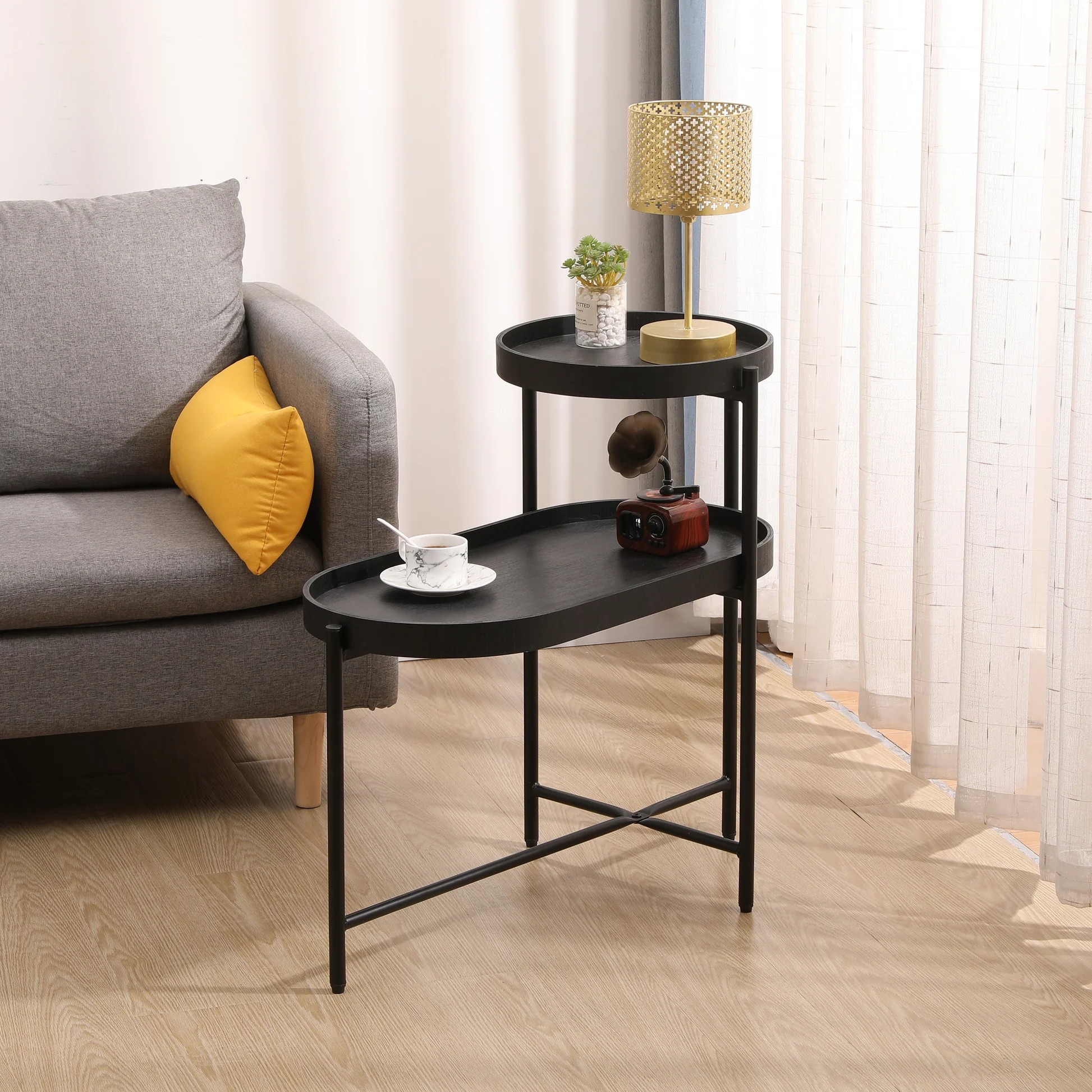 Mesa lateral negra de 2 niveles con almacenamiento, mesa para sofá para sala de estar, marco de metal y escritorio de madera, mesa auxiliar W175710475263947579291779120